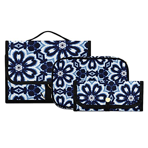 MNSRUU Hanging Toiletry Bag Set - 3 PCS Navy Blue Floral Tie Dye Travel Makeup Organizer | Waterproof Portable Clear Cosmetic Bags for Women & Men | Perfect for Vacation, Gym, Camping & Business Trips
