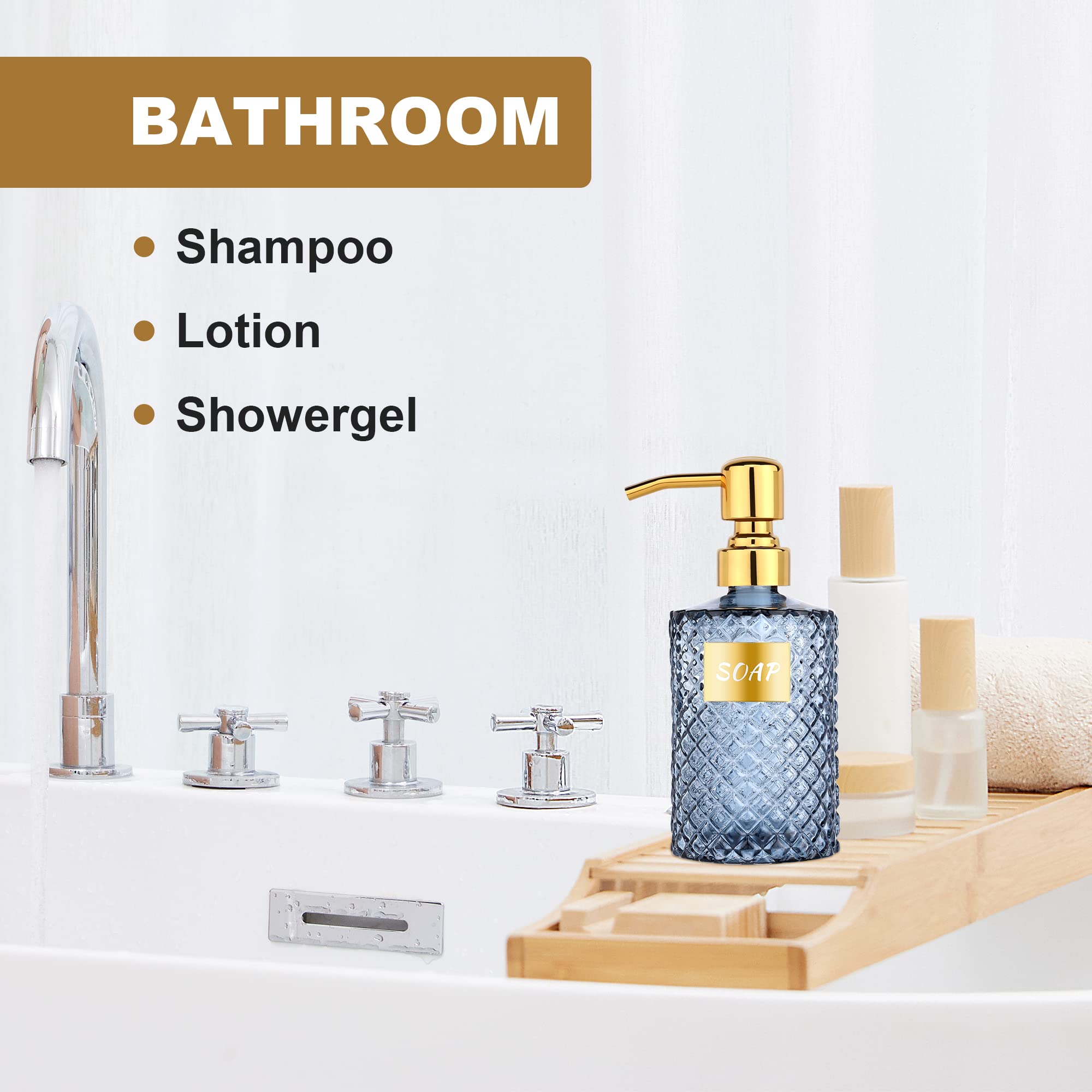 12OZ Diamond Glass Soap Dispenser with Gold 304 Stainless Steel - Elegant Bathroom & Kitchen Liquid Dispenser for Hand Soap, Shower Gel, Dish Soap, Lotion & More (Blue) - Perfect for Home, Office & Spa Decor
