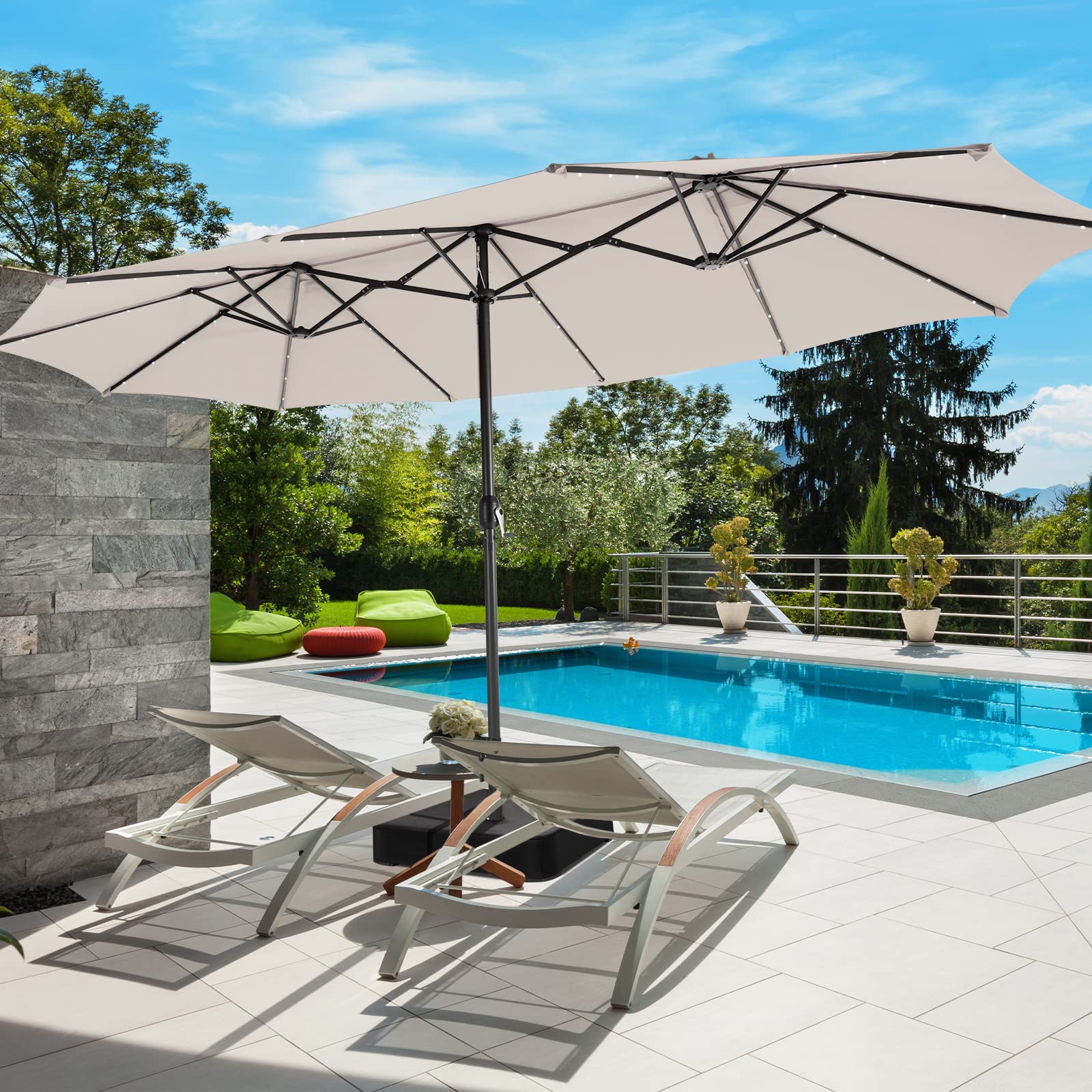 Tangkula 15FT Double-Sided Solar Patio Umbrella with 48 LED Lights & Auto-Charging Panel - Extra Large Outdoor Market Umbrella with Weighted Base Stand (Beige) - Perfect for Poolside, Backyard, Garden, and Patio Relaxation