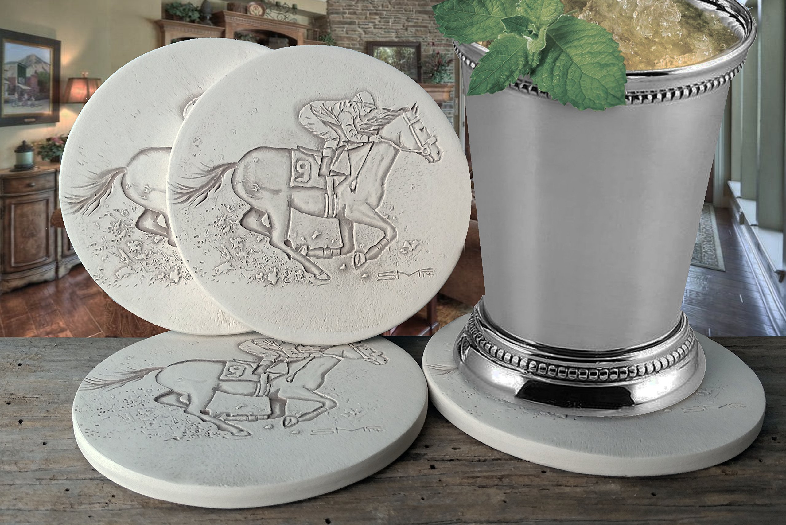Premium Absorbent Drink Coasters Set of 4 - Soft Derby Design for Coffee, Wine & Beer - Protect Tables from Spills & Stains - Perfect for Home, Office & Restaurant Use
