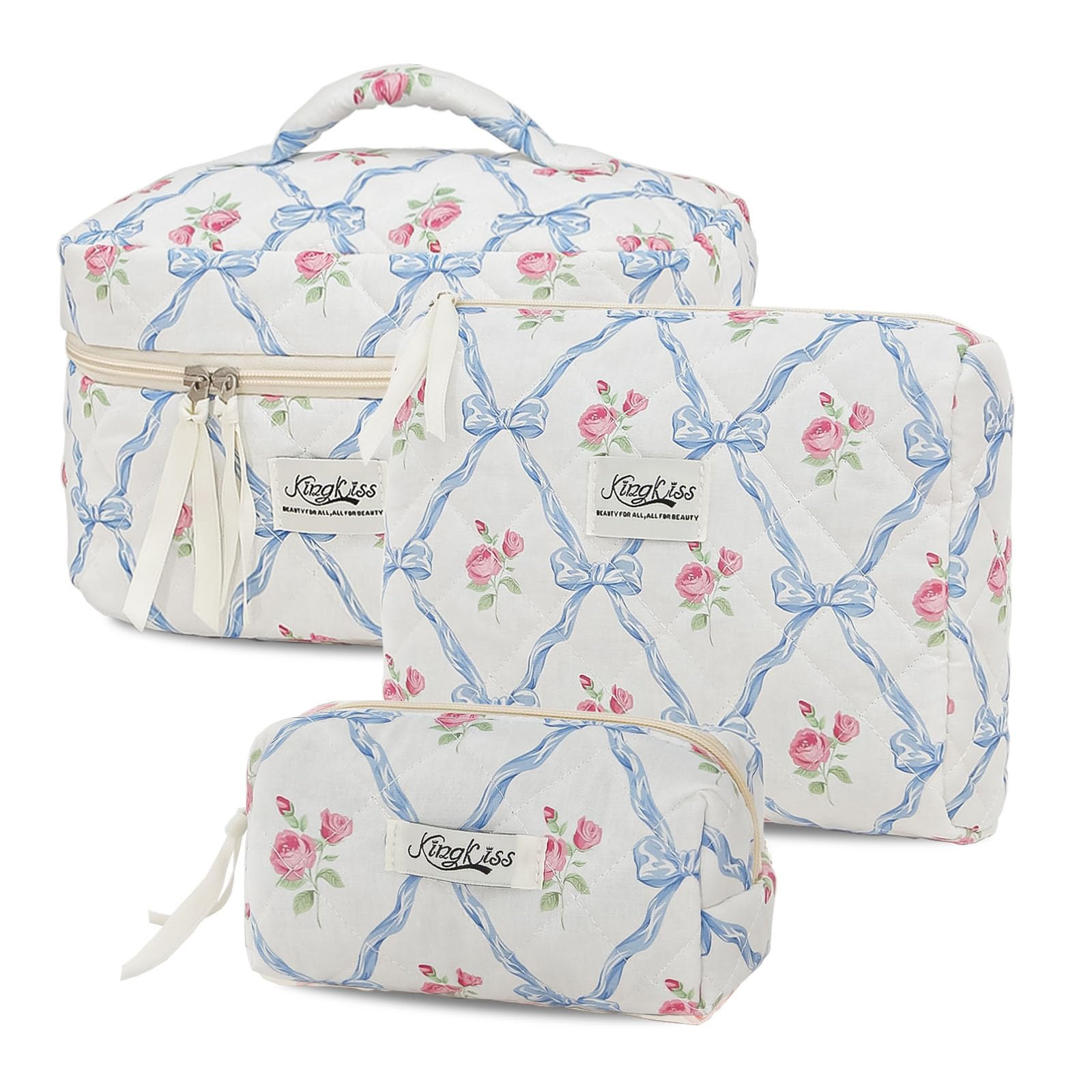 KingKiss 3-Piece Quilted Floral Makeup Bag Set - Large Capacity Travel Cosmetic Organizer for Women & Girls (Blue) | Perfect for Travel, Gym, Daily Use & Gift Giving