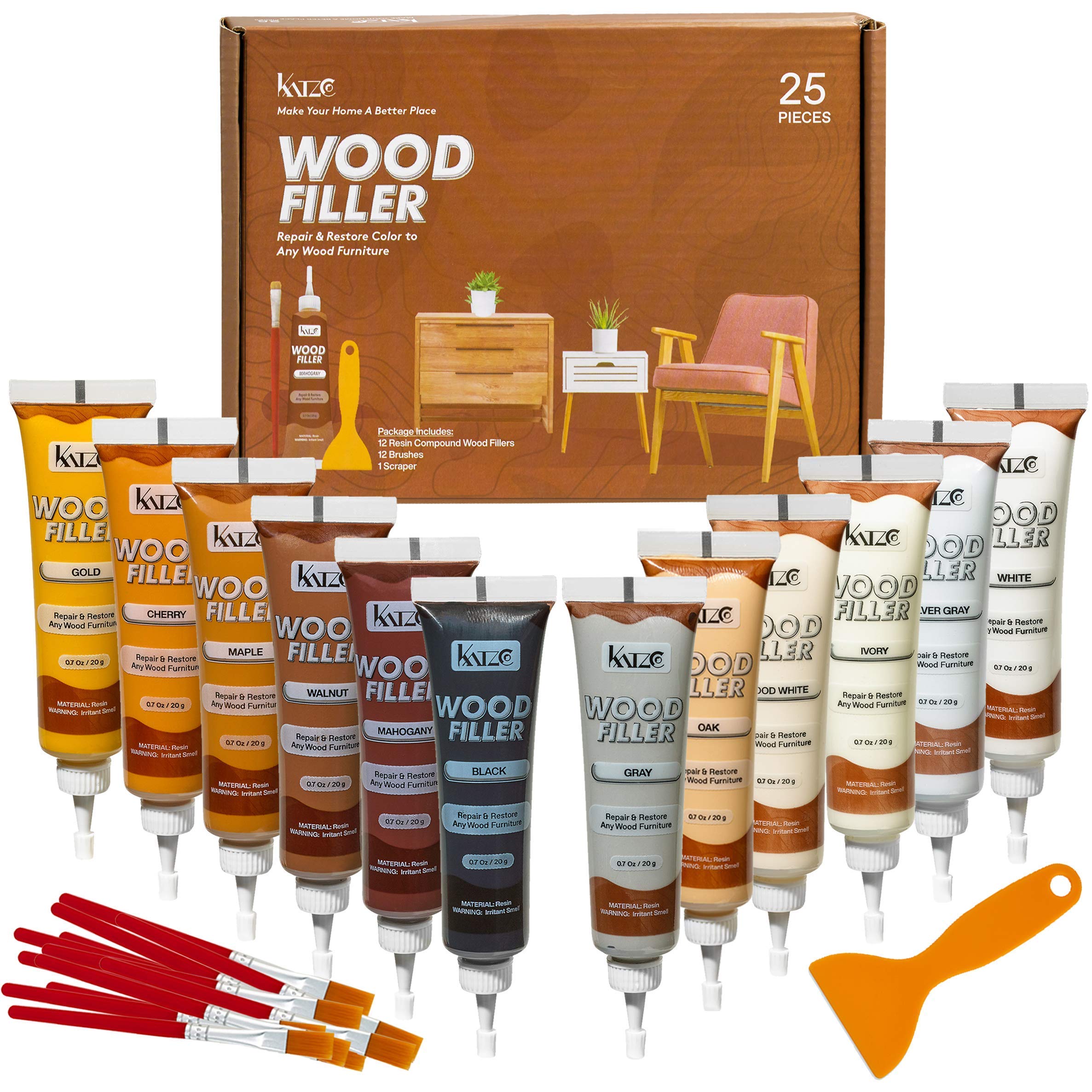 Katzco Wood Repair Kit - 25-Piece Furniture Filler Set with Resin Compounds, Brushes & Plastic Scraper - Fix Scratches, Stains on Floors, Tables, Desks & Bedposts - Perfect for DIY Home Improvement & Woodworking Projects