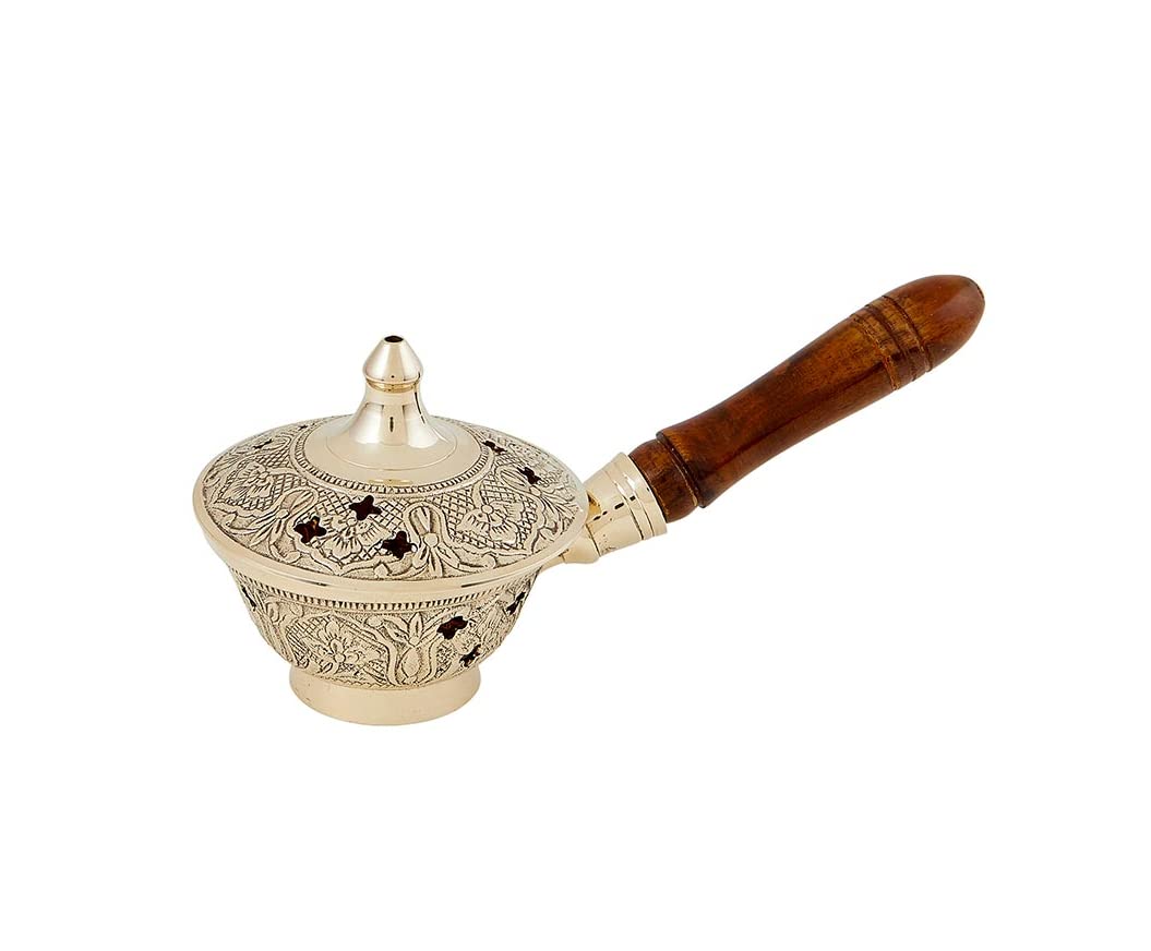 Creative Brands J6732 7-Inch Ornate Brass & Wood Incense Burner with Wood Handle - Perfect for Meditation, Aromatherapy & Home Decor