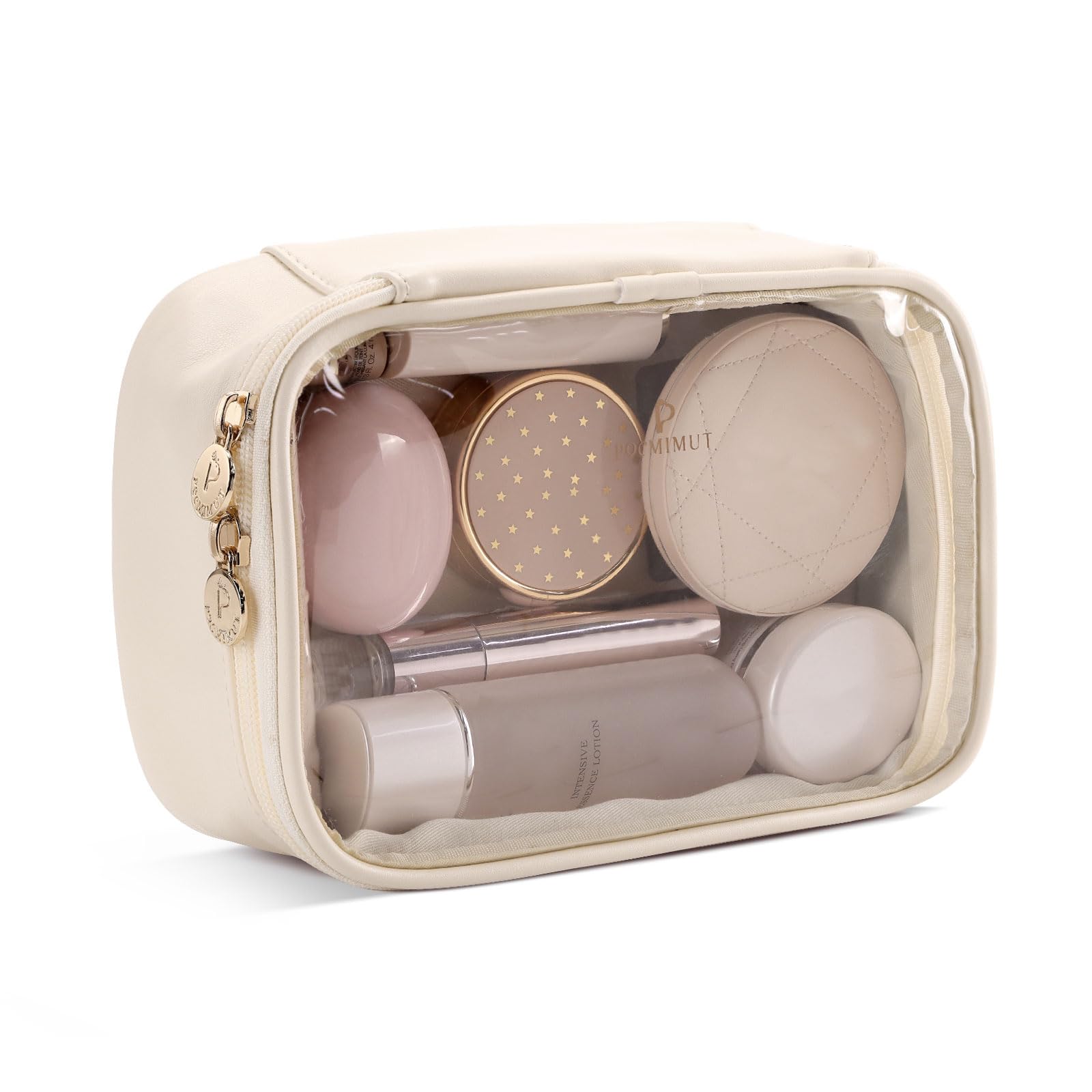 Pocmimut Small Clear Makeup Bag for Women - Travel Cosmetic Organizer & Car Accessories Storage | Perfect for Travel Essentials, Daily Use & On-the-Go Beauty Storage (Beige)