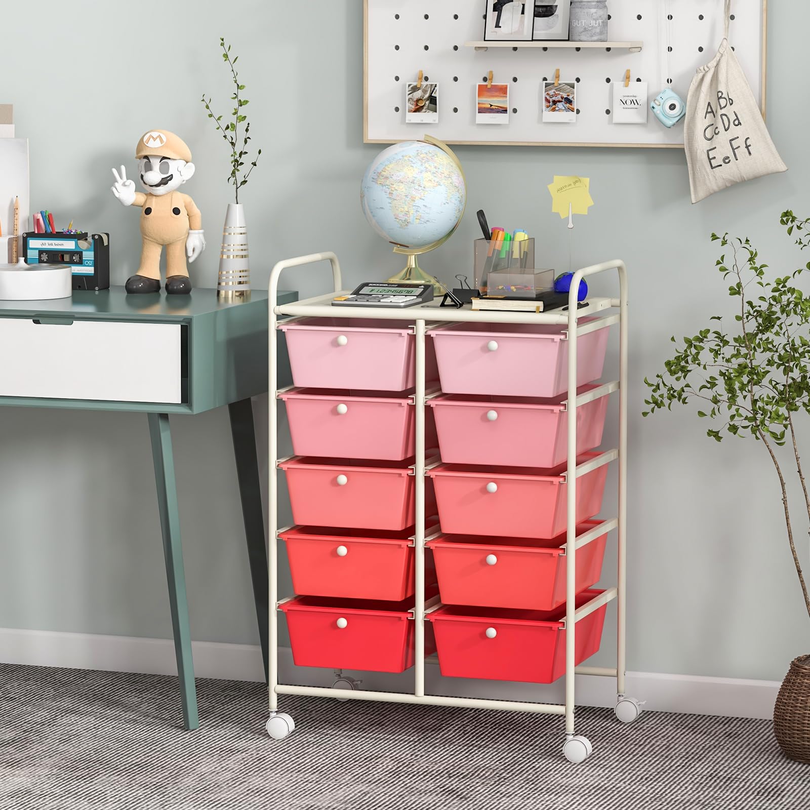 Giantex 10-Drawer Rolling Storage Cart with Wheels - Mobile Organizer for Classroom, Office, Home & School - Perfect for Teacher Supplies, Craft Tools, Art Paper & Stationery - Pink Gradient Design - Ideal for Organizing, Decluttering & Workspace Efficiency