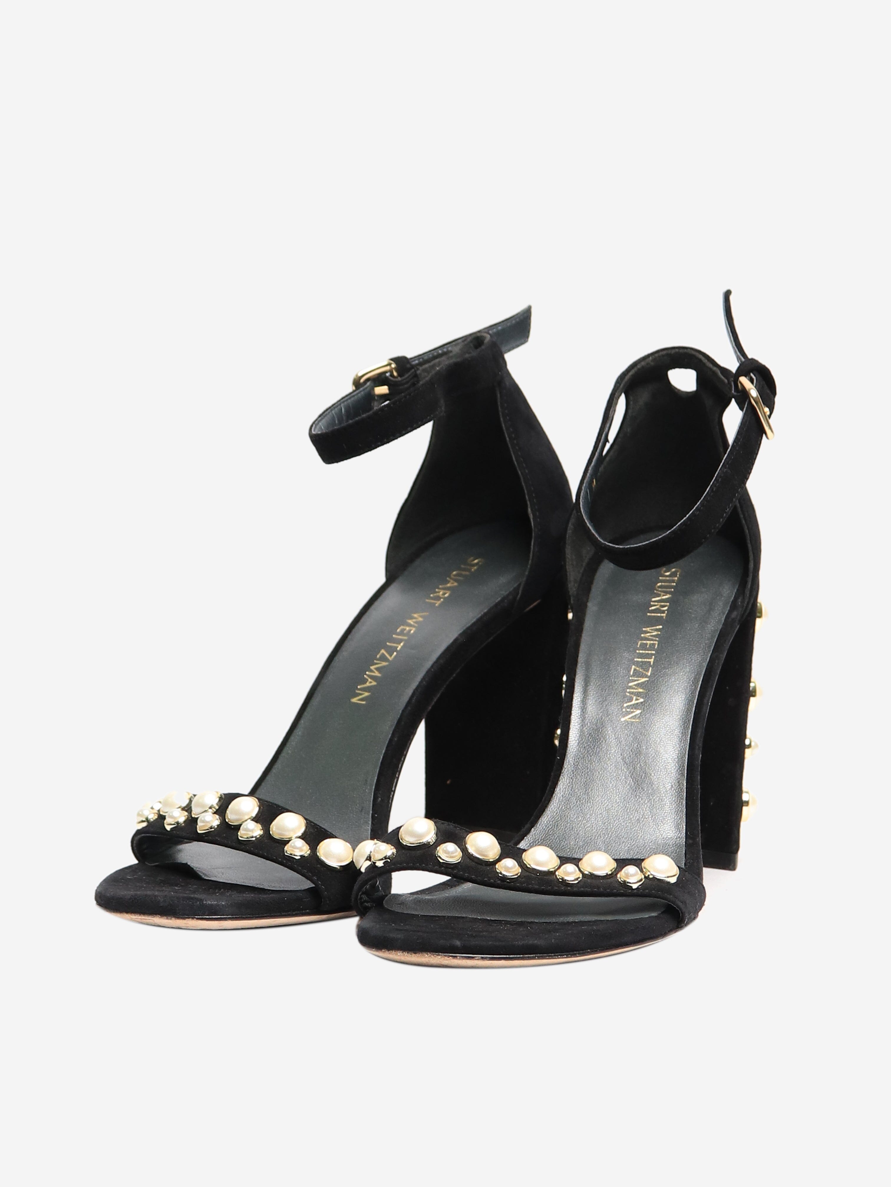 Elegant Black Suede Pearl Embellished Sandal Heels Women's Size EU 38.5 - Perfect for Weddings, Parties & Evening Events