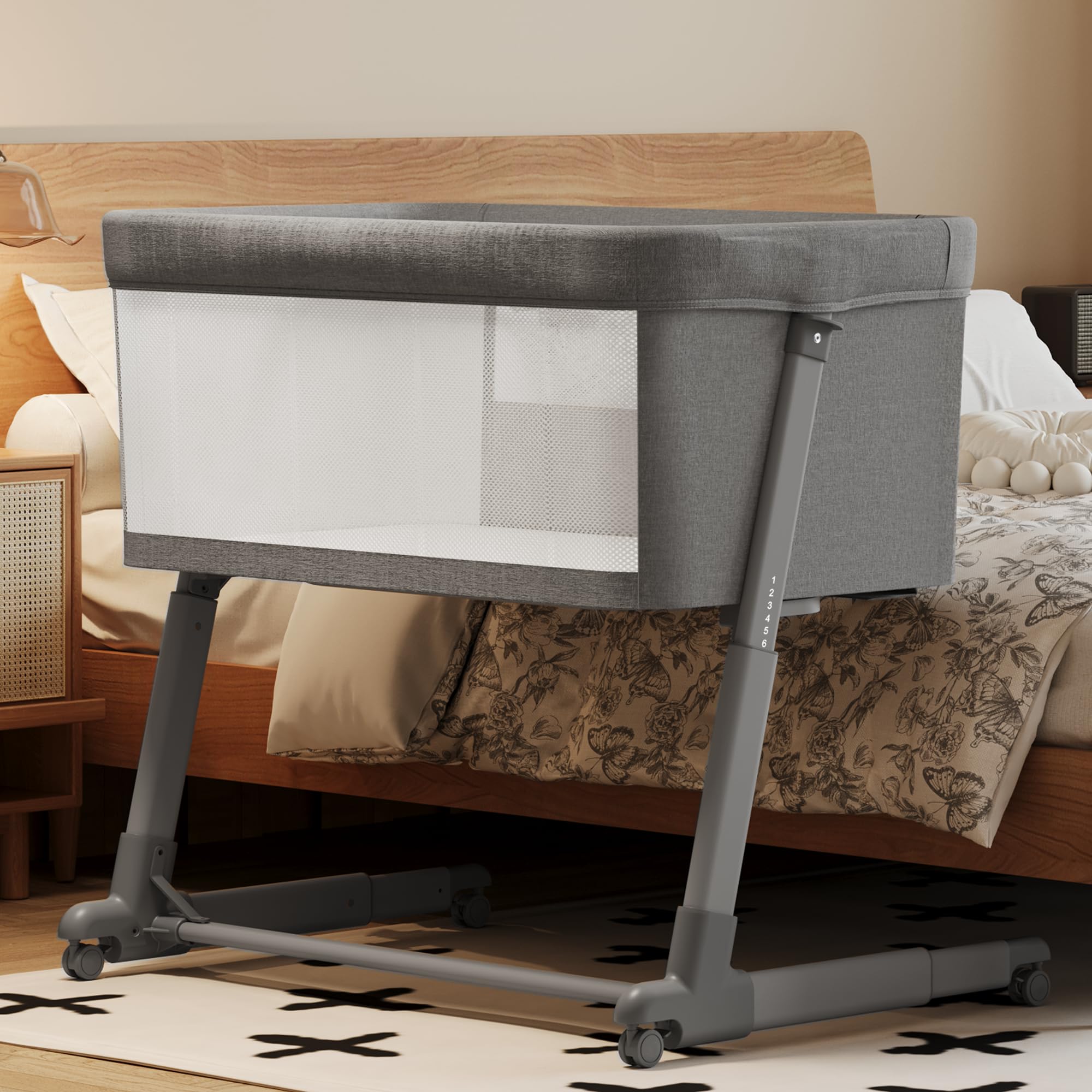 AMKE Baby Bassinet - Breathable Mesh Bedside Sleeper for Newborns | Portable Adjustable Crib for Safe Co-Sleeping | Nursery Essential for Infants 0-6 Months (Dark Gray) | Perfect for Bedroom, Nursery & Travel