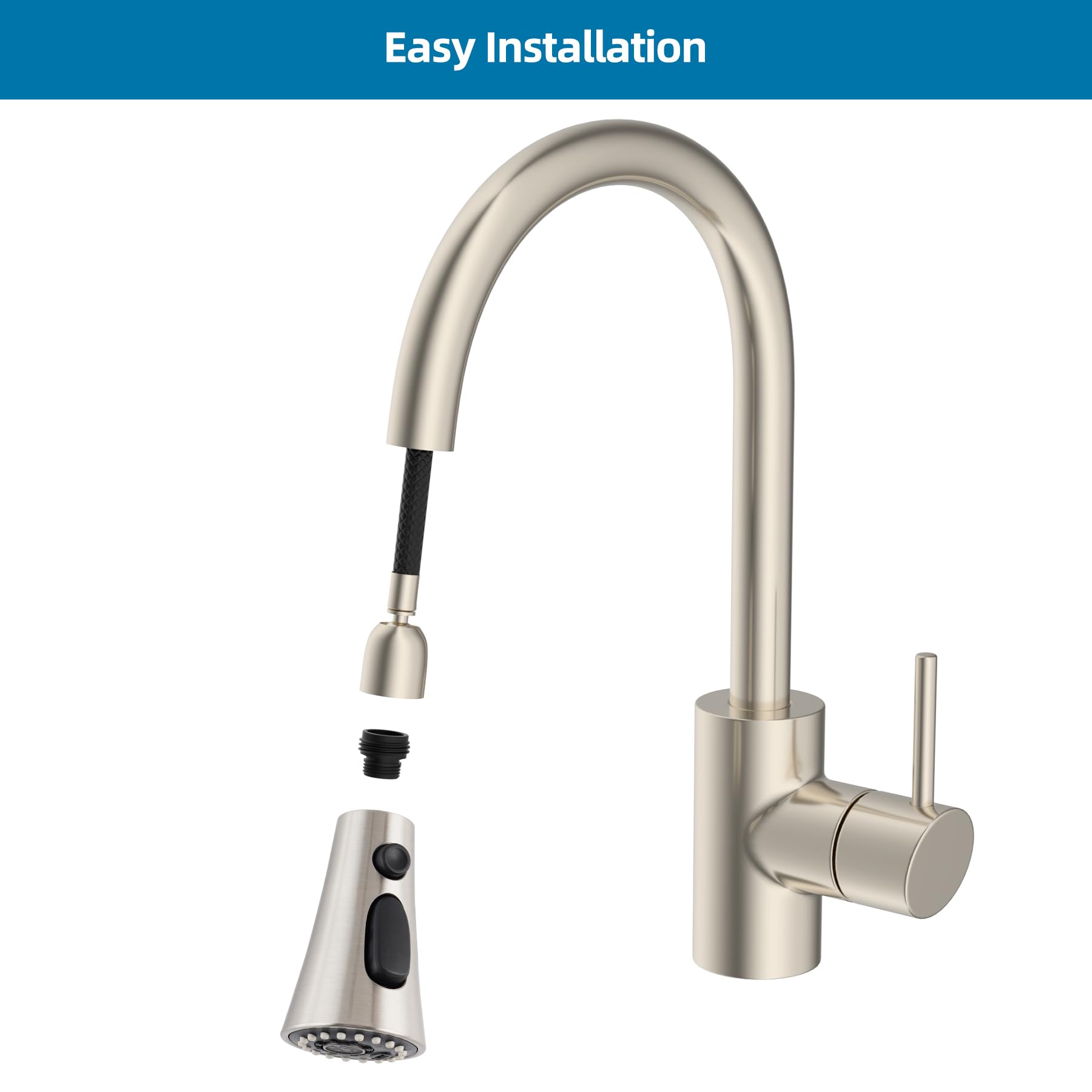 Universal Kitchen Faucet Head Replacement with 15 Adapters - Compatible with Moen, Pfister, Peerless & Kohler Curve Faucets - 3 Function Pull Down Sprayer Head in Brushed Nickel - Perfect for Kitchen Sink Upgrades and DIY Home Improvement Projects