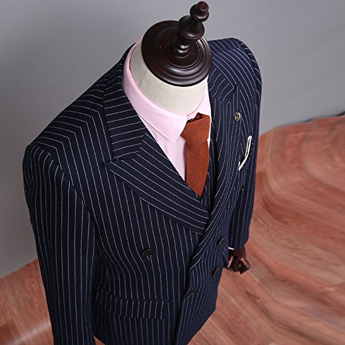 Men's 3-Piece Navy Blue Pinstripe Suit Set - Slim Fit Double Breasted Blazer, Waistcoat & Dress Pants (6 Buttons) | Formal Business Attire, Wedding, Office & Special Occasions