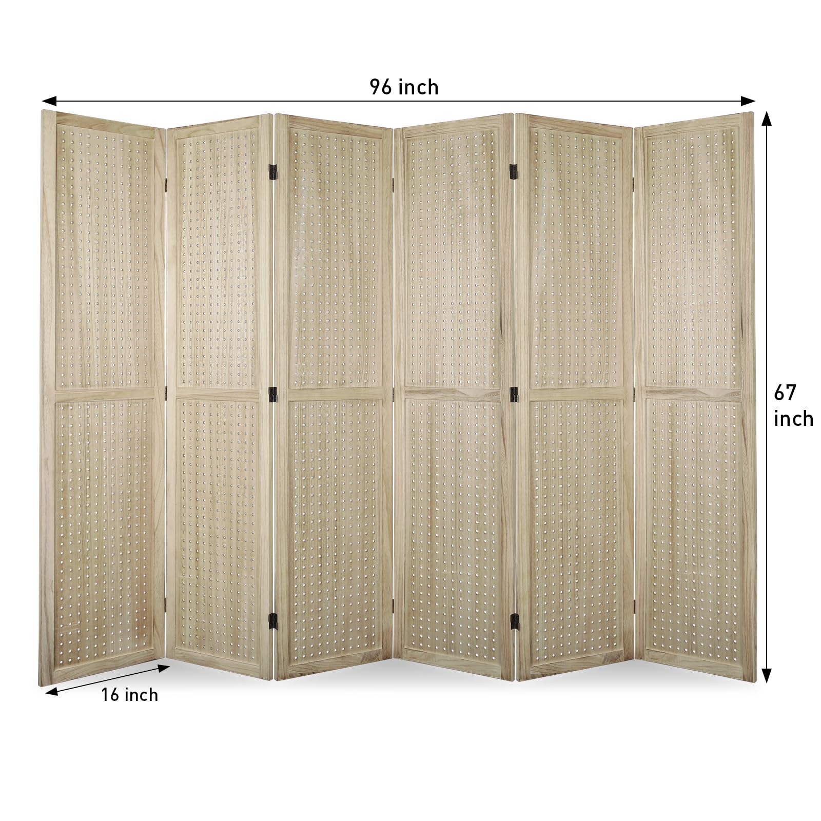 ECOMEX 6 Panel Wooden Room Divider - 5.6Ft Folding Privacy Screen & Pegboard Display for Home, Office, Trade Shows | Freestanding Wall Organizer | Natural Wood Finish | Perfect for Room Separation, Craft Displays & Retail Spaces