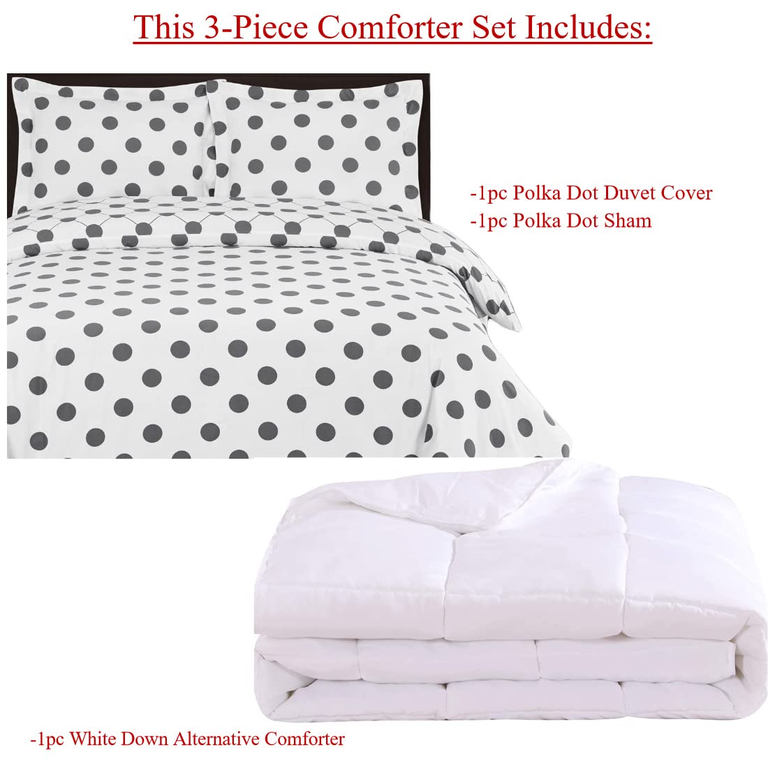 3PC Twin/Twin XL 100% Cotton Percale White & Grey Polka Dots Bedding Set - Includes 2PC Duvet Cover + 1PC Down Alternative Comforter - Soft & Breathable for All Seasons - Perfect for Kids, Teens & Guest Rooms