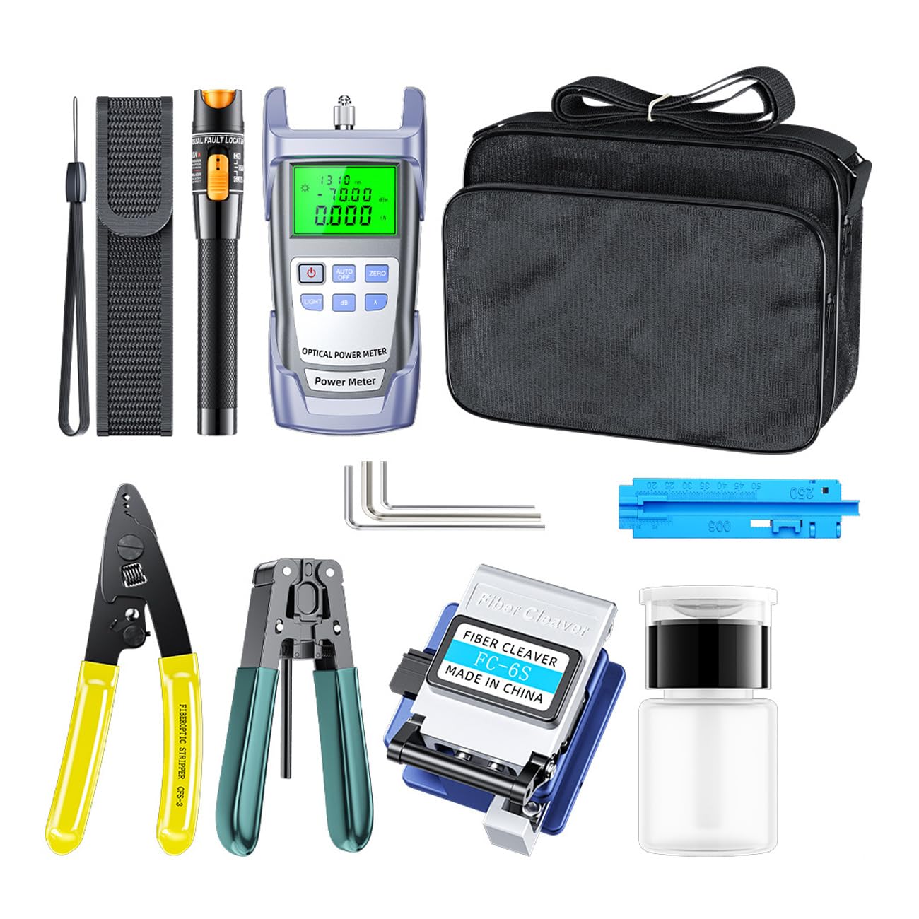 FTTH Fiber Optic Termination Tool Kit - Professional Fiber Optical Cable Cold Connection Kit with FC-6S Cleaver, 10mW Visual Fault Locator & Power Meter for CATV/FTTH Network Installation & Maintenance - Perfect for Telecom Engineers & Home Internet Setup