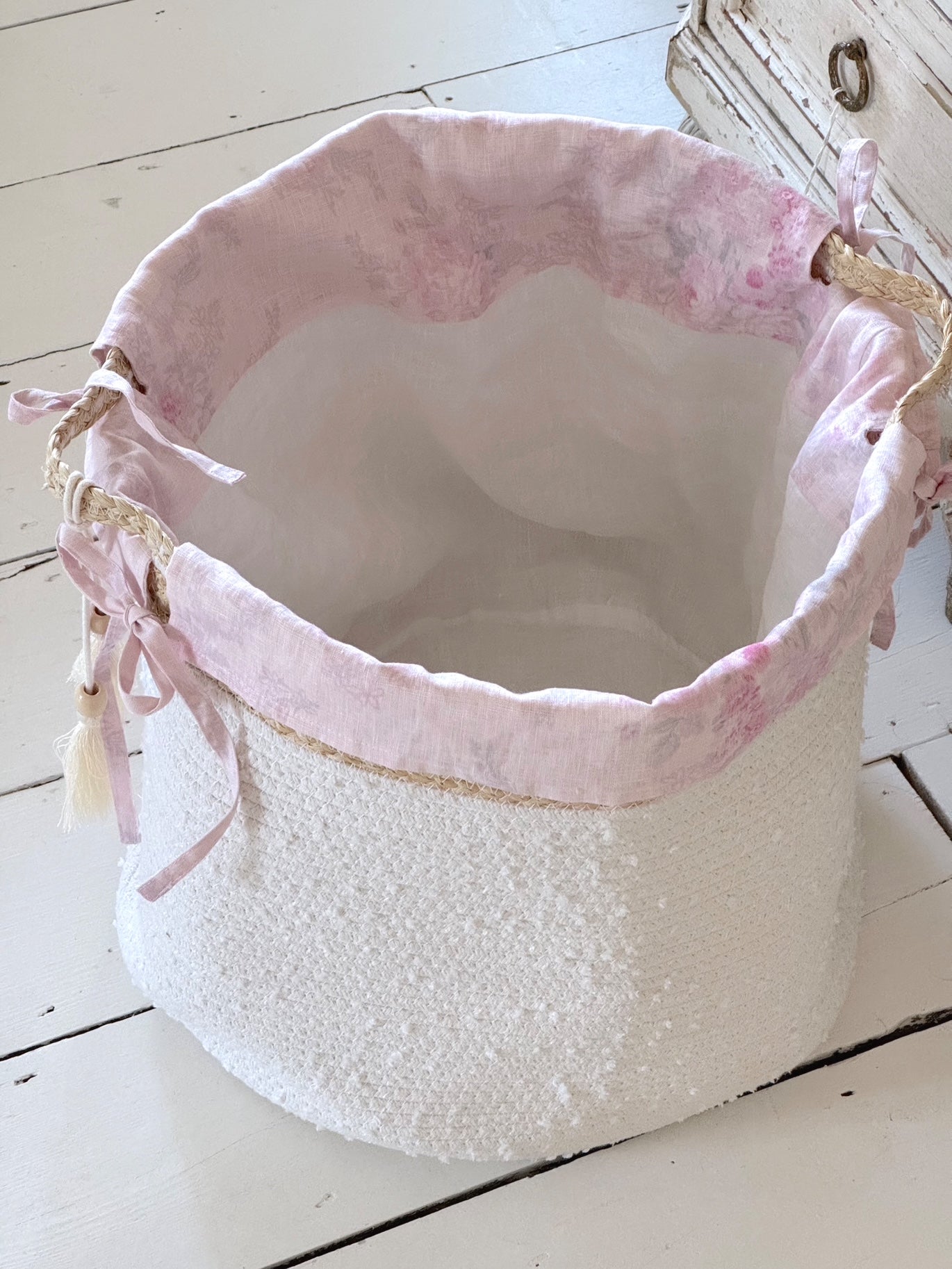 Handwoven Cotton Rope Storage Basket with Floral Ikat Pattern - Eco-Friendly Laundry Hamper for Bedroom, Bathroom & Nursery Organization | Perfect for Clothes, Toys & Home Decor