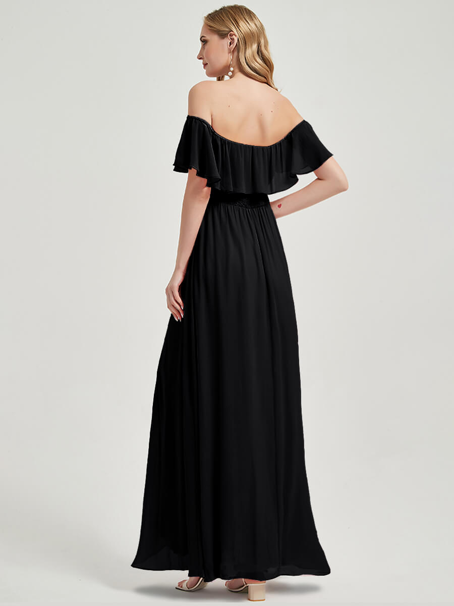 Elegant Black Convertible Off-Shoulder Chiffon Bridesmaid Maxi Dress with High Slit - Perfect for Weddings, Parties & Formal Events