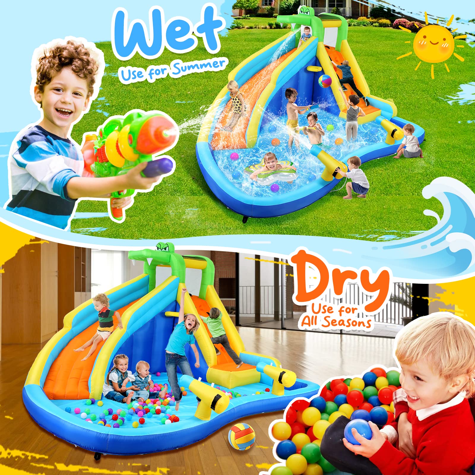 Inflatable Water Slide for Kids with 450W Blower - 13.1 x 11.5 x 7.4FT Crocodile Water Park with Climbing Wall, Splash Pool, 2 Water Cannons & Basketball Hoop - Outdoor Backyard Summer Fun for Parties, Birthdays & Family Gatherings
