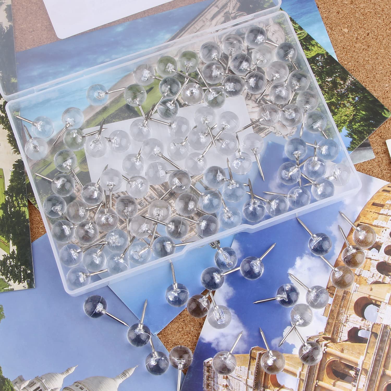 Yalis 1/3 Inch Silver Push Pins - 100 Count Large Map Tacks with Steel Point & Clear Plastic Round Head - Perfect for Bulletin Boards, Office Maps, and Home Organization (Silver)