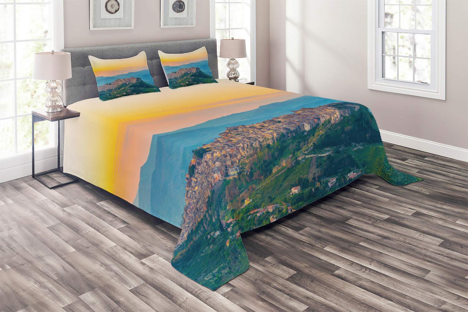 Ambesonne Sicily Coverlet - 3-Piece Quilted Bedspread Set with 2 Pillow Shams, King Size, Multicolor Calascibetta Village Sunset Design | Vintage Italian Town Decor for Master Bedroom, Guest Room