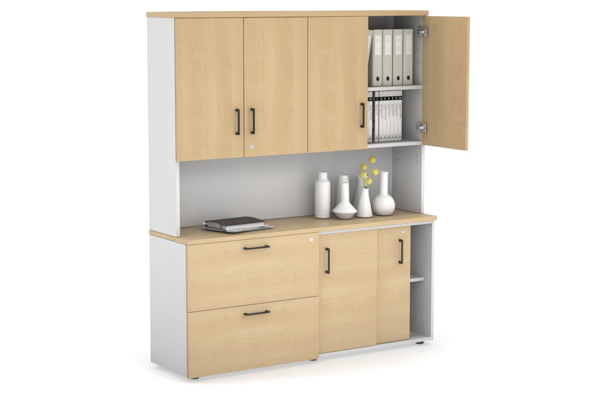 2-Door Sliding Credenza with 2-Drawer Lateral File Cabinet & Hutch - Modern Office Storage Solution for Home or Business Workspaces