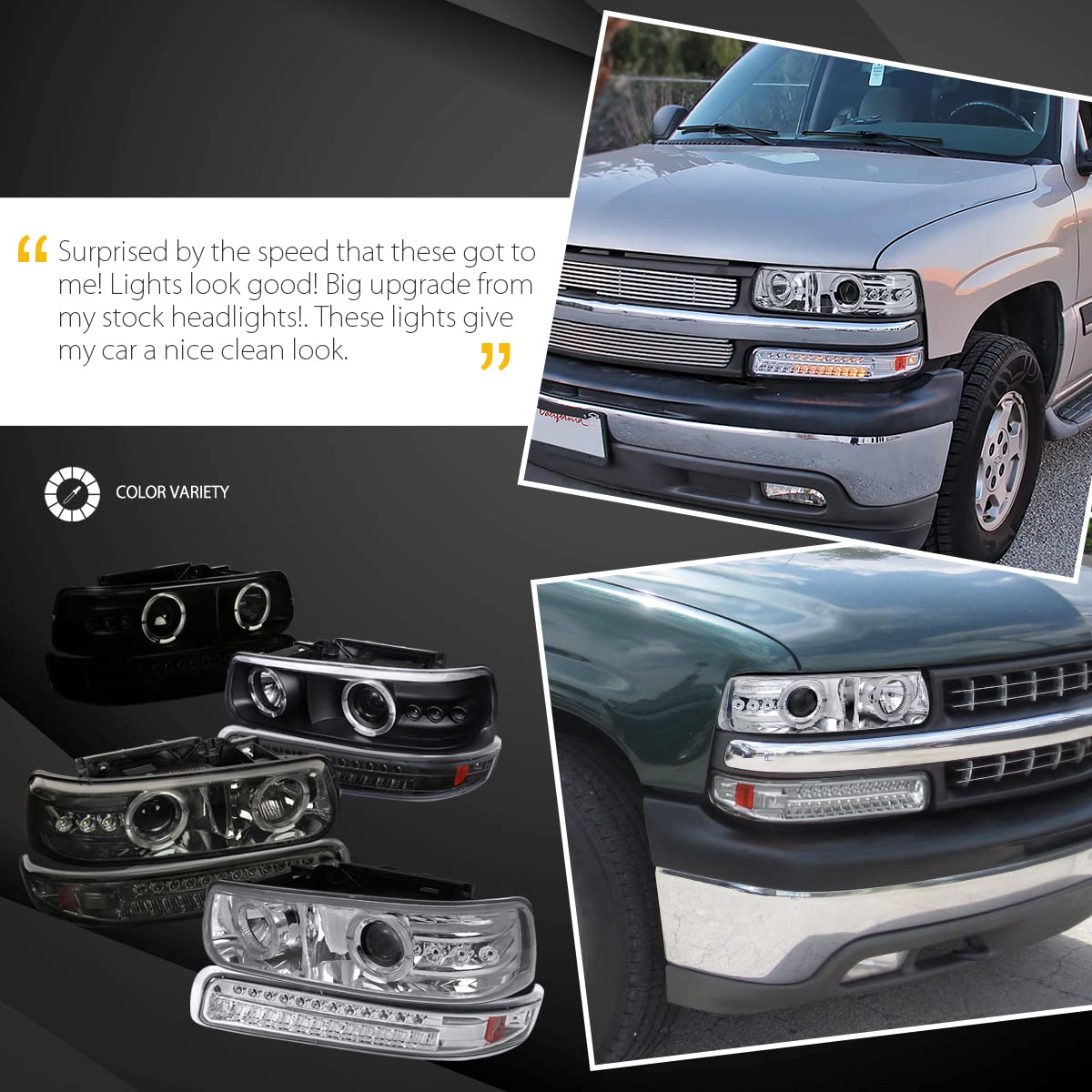 AUTOZENSATION LED Headlights Assembly Compatible with 1992-2002 Chevy Silverado Tahoe Suburban - Left Right Pair Smoke Halo Projector Headlights & LED Bumper Lights - Upgrade for Night Driving Off-Roading and Custom Look