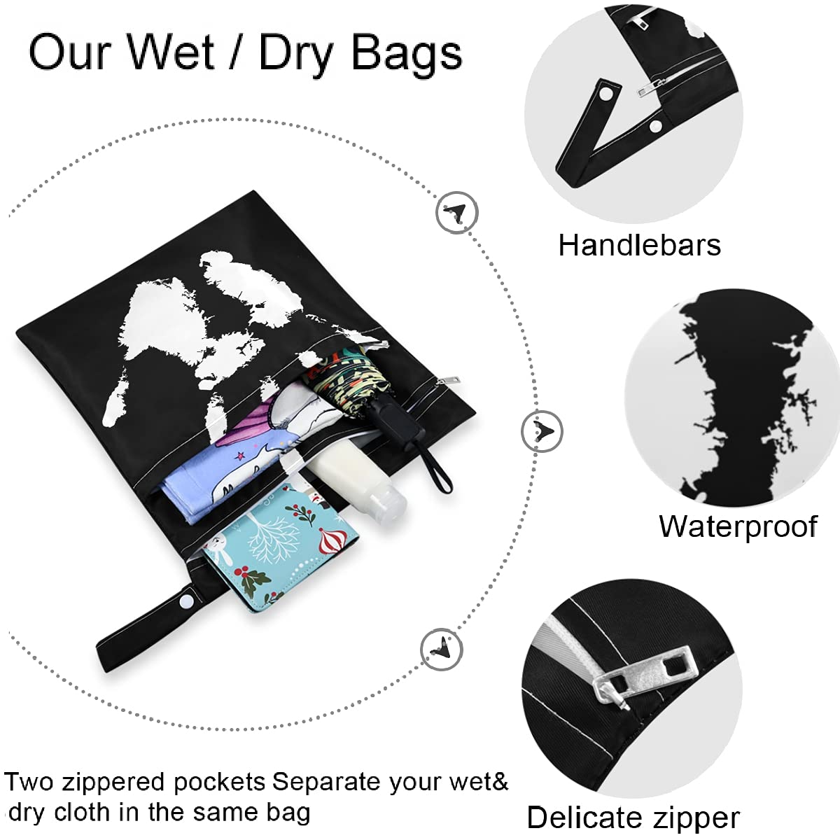 Visesunny Handprint 2Pcs Wet Bags with Zippered Pockets - Washable & Reusable Large Diaper Organizer for Baby Care, Travel, Beach, Gym - Perfect for Strollers, Daycare, Swimsuits, Toiletries & Dirty Clothes Storage