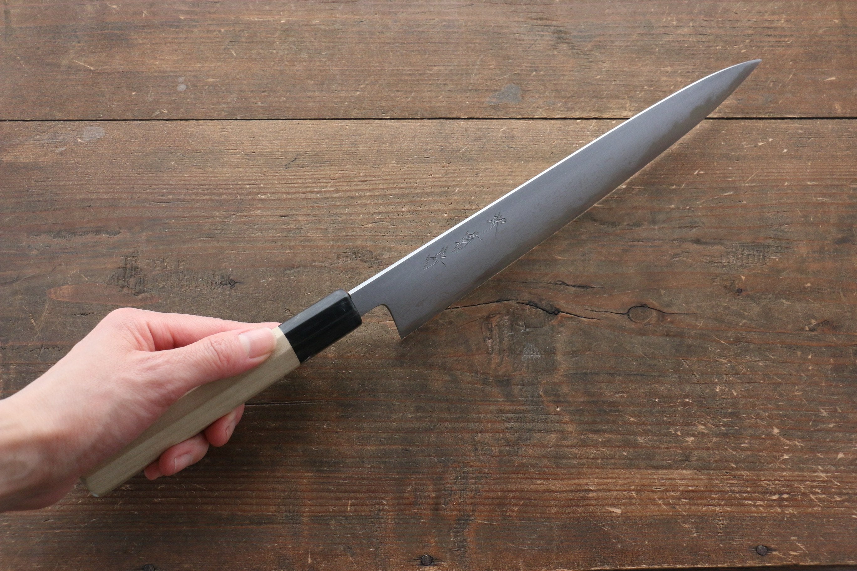 Premium Kikumori Blue Steel No.1 Damascus Sujihiki Knife 240mm - Japanese Chef Knife with Magnolia Wood Handle - Perfect for Slicing Sashimi, Meat & Sushi Preparation