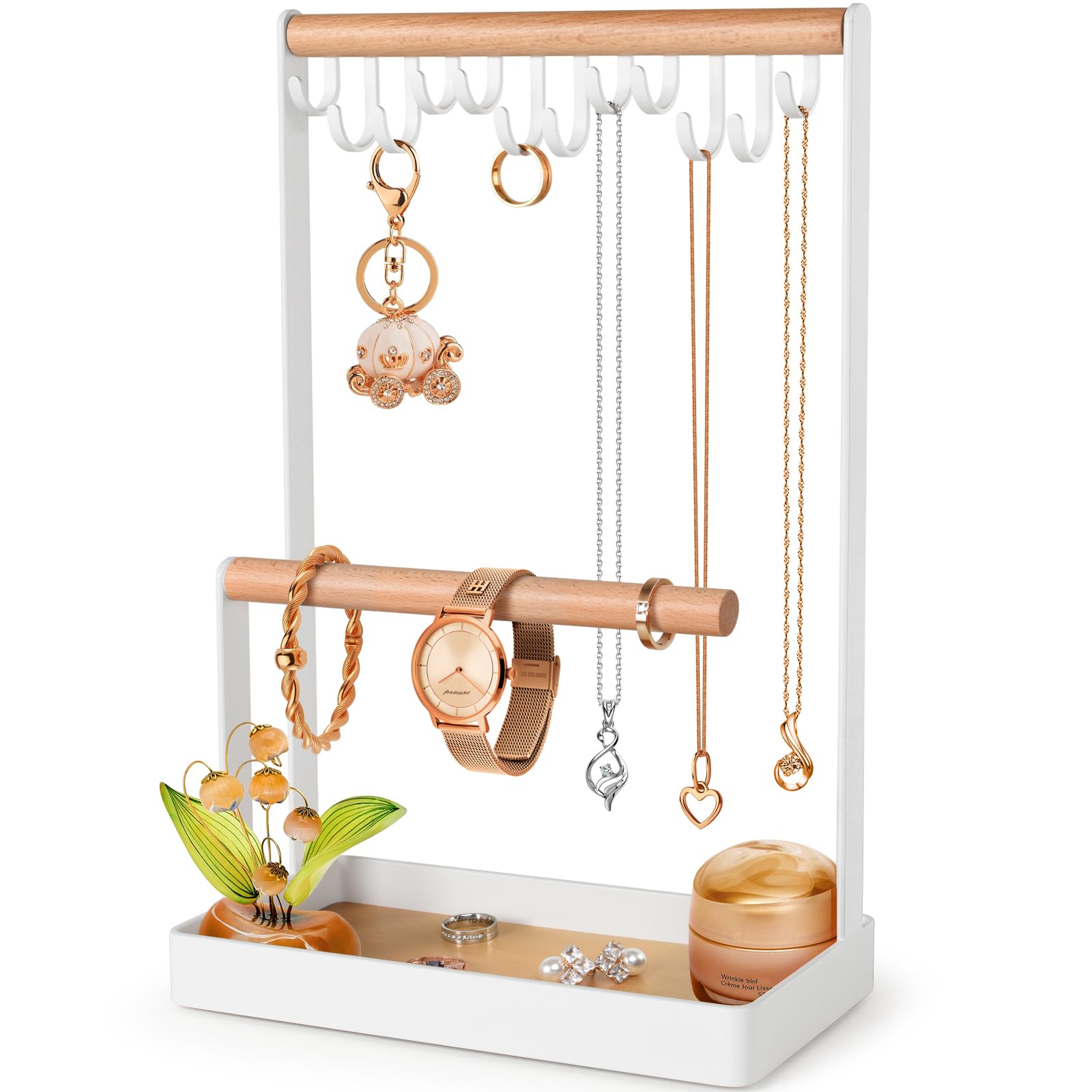 PAMANO 3-Tier Wooden Jewelry Organizer Stand - Necklace Holder with 12 Hooks, Earring Tray & Bracelet Display Rack for Rings, Watches Storage | Perfect for Bedroom Vanity, Closet Organization & Jewelry Store Display