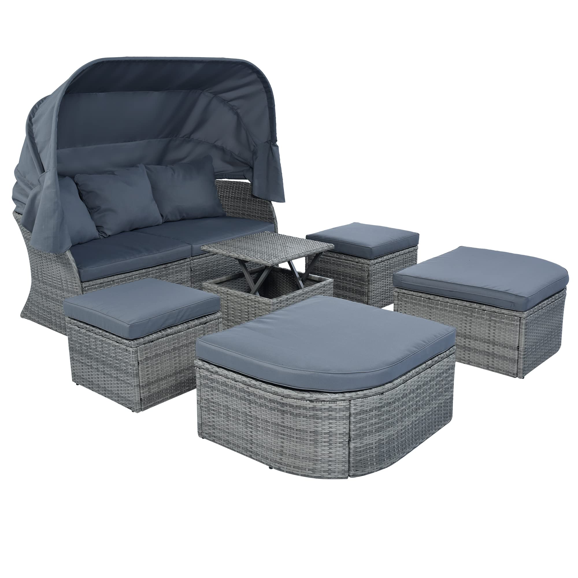 **Outdoor Round Daybed Sunbed with Retractable Canopy, Coffee Table & Cushions - All-Weather Patio Furniture Set, Wicker Sectional Sofa Conversation Set (Gray & Blue Gray) - Perfect for Poolside Lounging, Garden Relaxation & Outdoor Entertaining**