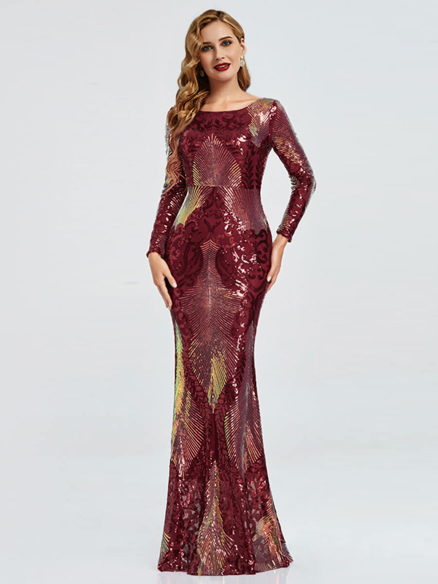 Elegant Burgundy Backless Long Sleeve Sequin Maxi Mermaid Evening Gown for Women | Formal Prom, Wedding Guest & Special Occasion Dress