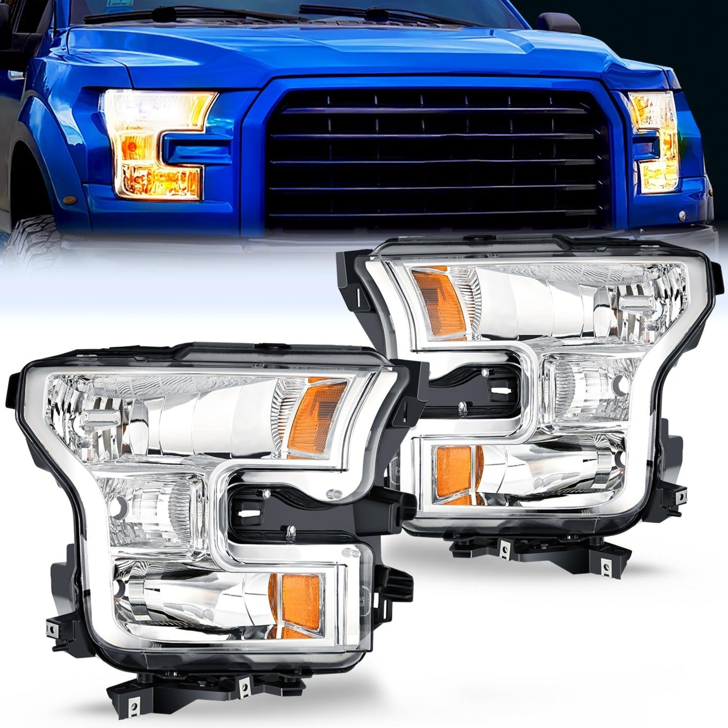 2015-2017 Ford F150 Headlight Assembly - Chrome Housing with Amber Reflector & Clear Lens Upgrade | Replacement for Foggy/ Broken Lights | Perfect for Night Driving & Off-Road Adventures