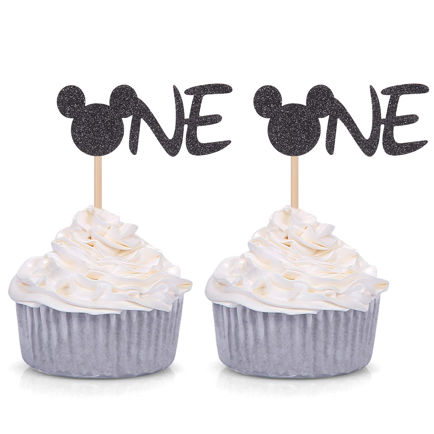 24-Pack Black Glitter Mickey Mouse Cupcake Toppers - Minnie Mouse Birthday Party Decorations for Baby Showers, Birthdays & Disney Themed Celebrations