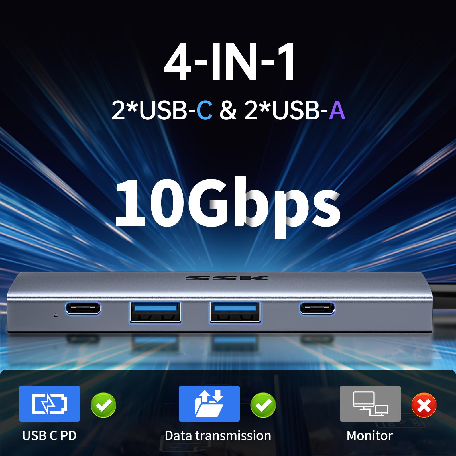 SSK USB C Hub 4-in-1 Adapter 10Gbps for MacBook/iMac - Home/Office Use