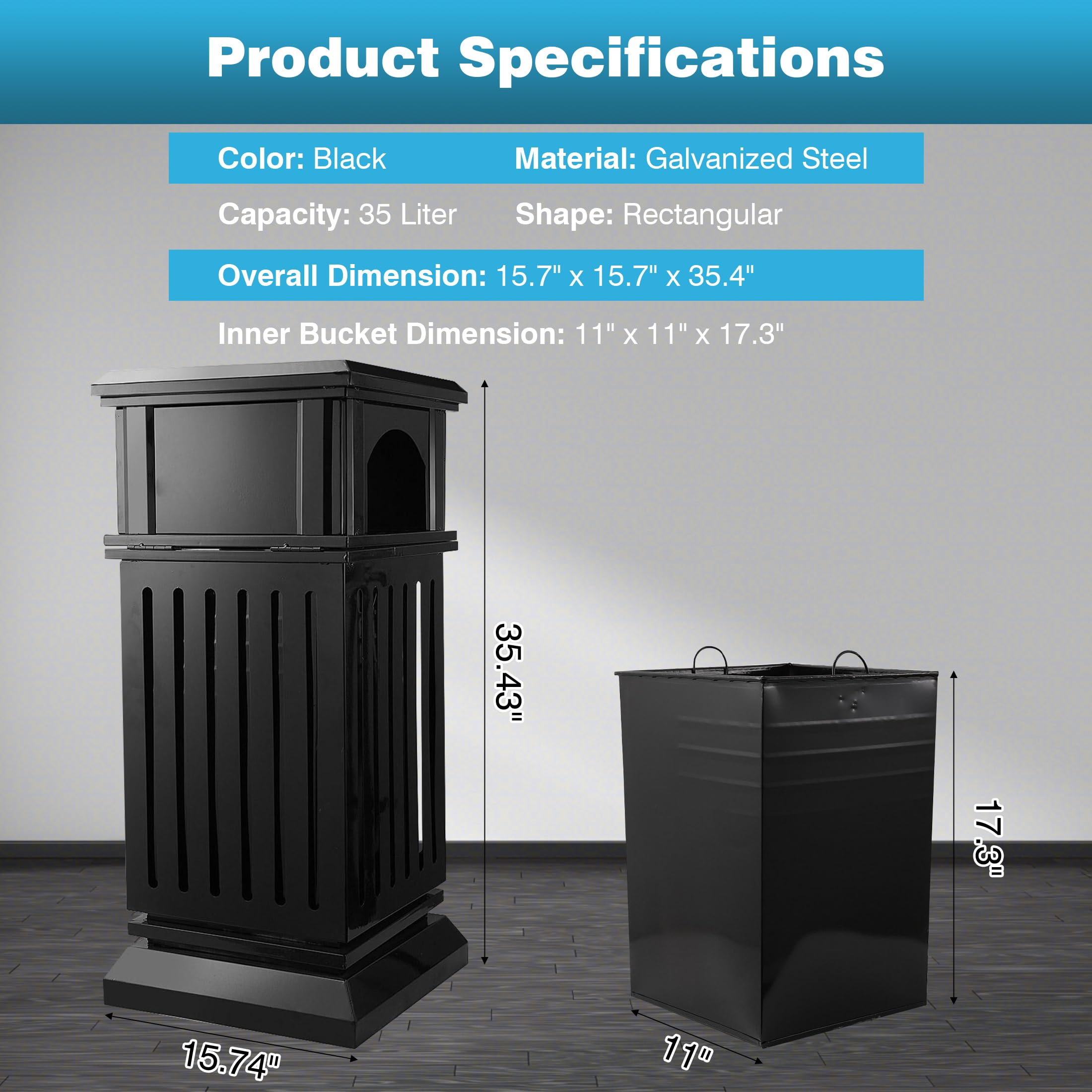 IRONWALLS Commercial Trash Can with Lid - 50 Gallon Black Outdoor Garbage Bin, Heavy-Duty Steel Square Waste Container with Side Opening & Removable Inner Bucket for Patio, Park, Garden, Restaurant, and Commercial Use - Weather-Resistant Decorative Trash Bin for Outdoor Spaces
