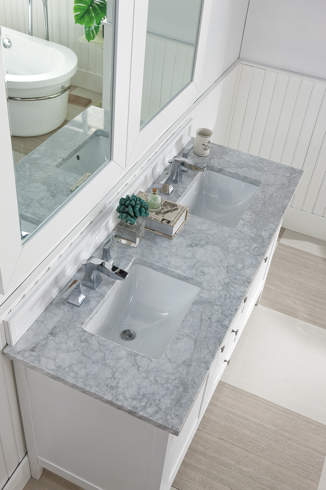 Palisades 60 Inch Double Bathroom Vanity with Carrara Marble Top - Bright White Finish for Modern Bathrooms | Perfect for Master Bath, Guest Bath & Powder Room Renovations