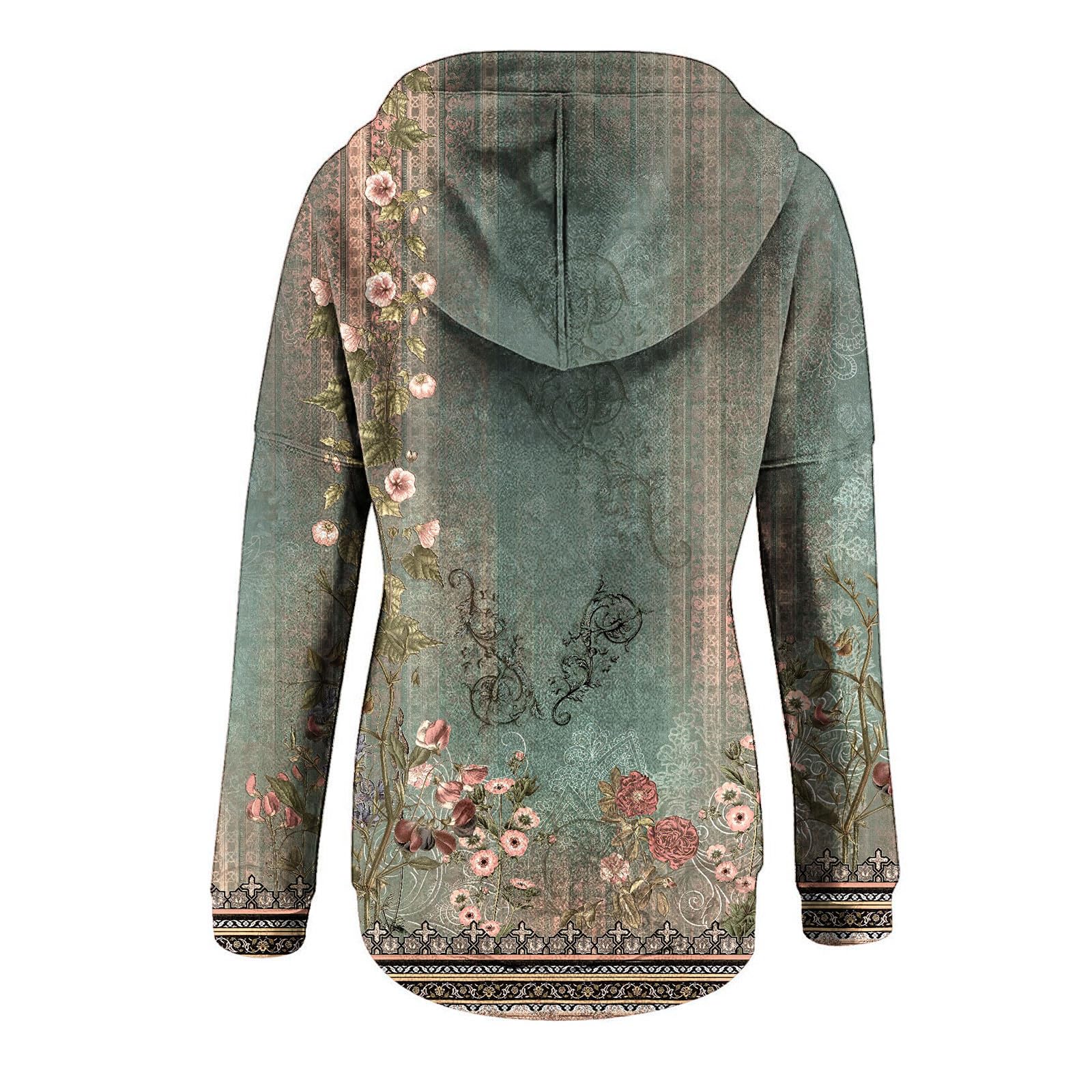 Women's Casual Long Sleeve Hoodie Floral Print Loose Tunic Button Down Hooded Sweatshirt Pullover Top for Outdoor Activities and Relaxation