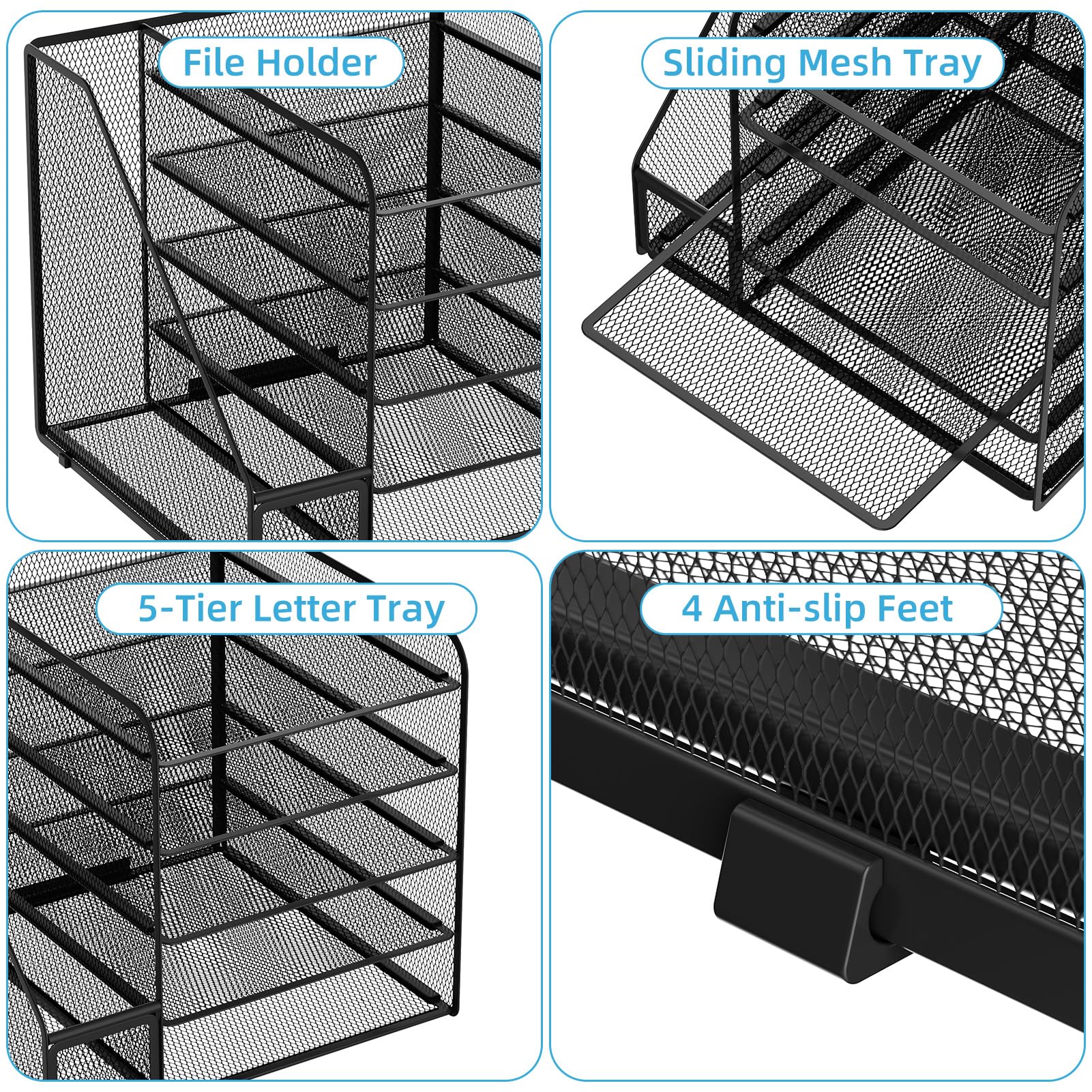 5-Tier Mesh Desk Organizer with File Holder - Black Office Paper Letter Tray for Documents, Mail & Supplies | Perfect for Home Office, Workstation & School Desk Organization