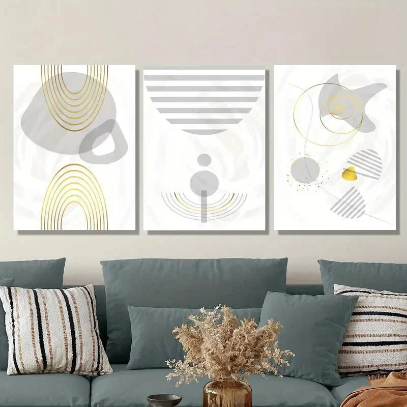 3-Piece Retro Golden Lines Gray and Gold Abstract Metal Wall Art - Ready to Hang, Modern Home Decor for Living Room, Bedroom & Office