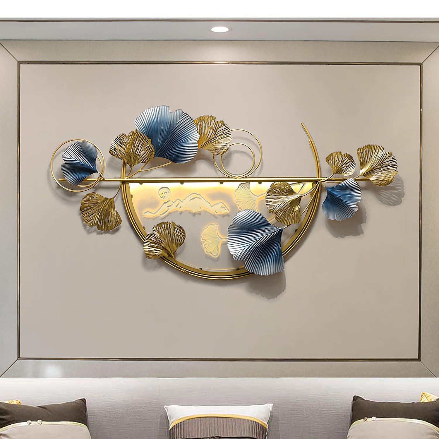 Modern Farmhouse Style Luxury Metal Ginkgo Leaf Wall Art Sculpture - Large Wrought Iron Wall Hanging Decor with LED Lights for Living Room, Bedroom & Office Decoration