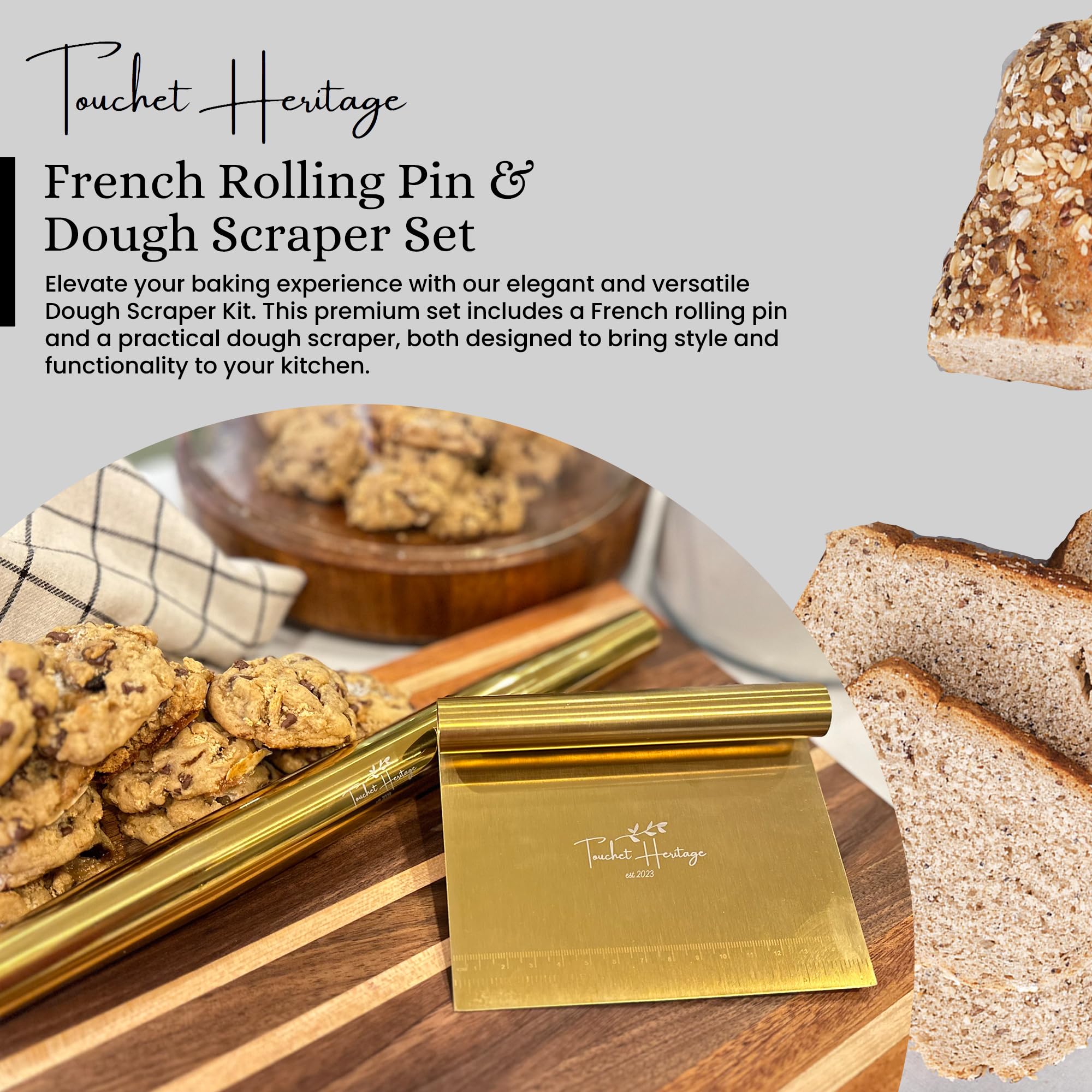 Premium French Wooden Rolling Pin & Stainless Steel Dough Scraper Set - Professional Baking Tools for Bread Making, Pastry, Pizza Dough & Sourdough - Ideal for Home Bakers & Culinary Enthusiasts