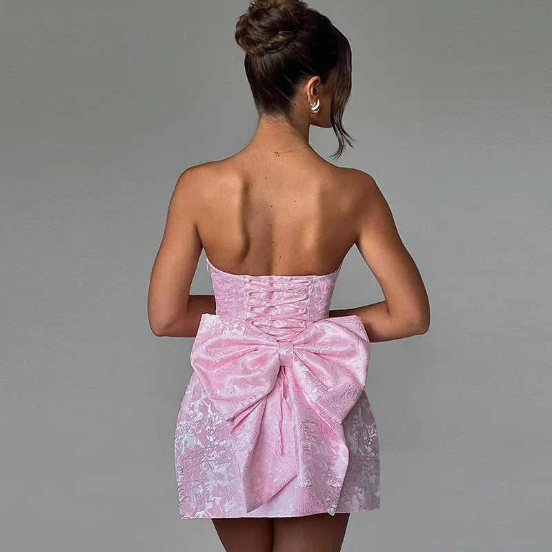 Sexy Backless Bow Mini Dress for Women - Off Shoulder Strapless Sleeveless Bodycon Party Club Dress | Elegant Night Out, Date Night, Cocktail Party, Summer Vacation Outfit