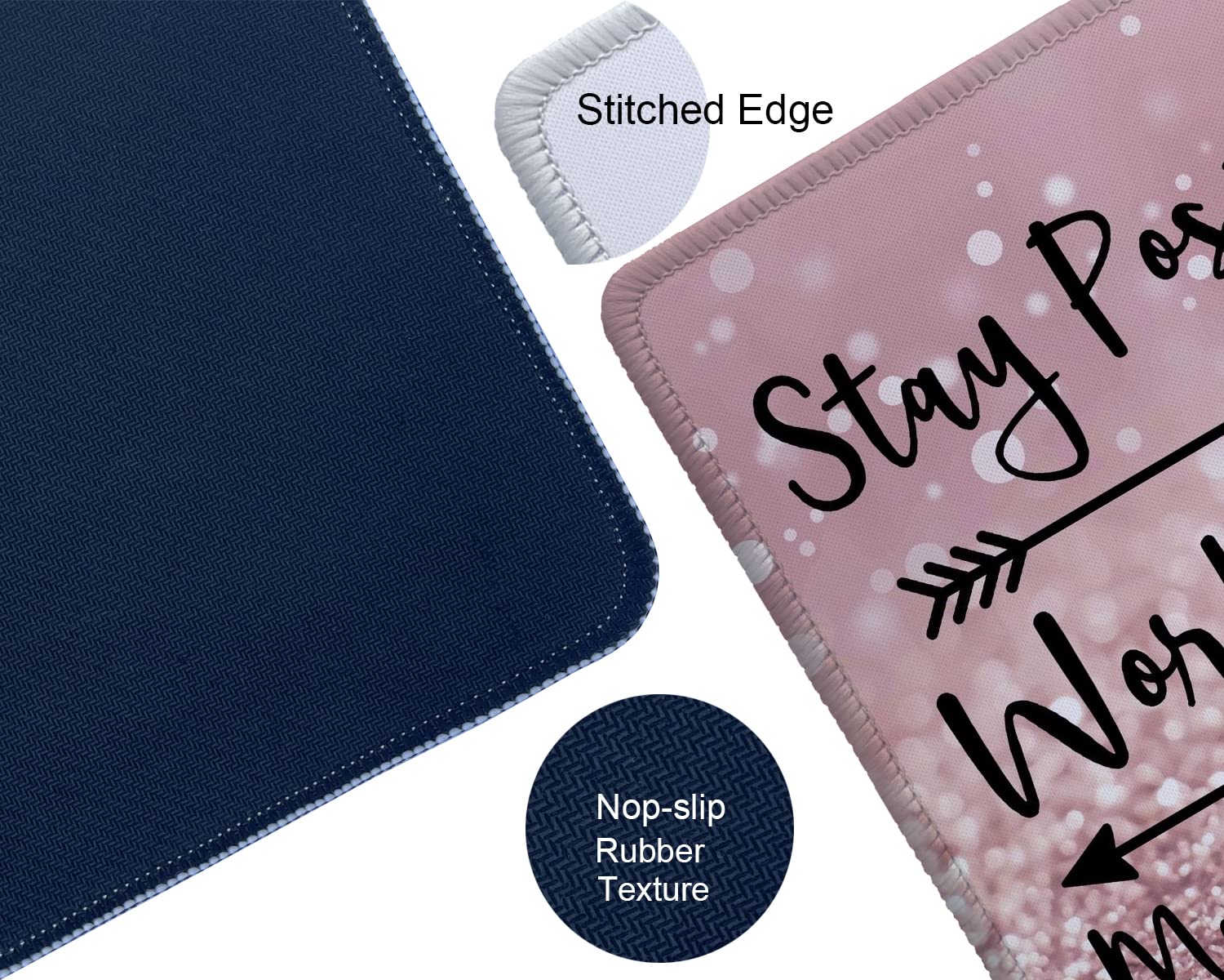 Motivational Mouse Pad for Women - Inspirational Quote 'Stay Positive Work Hard Make It Happen' - Non-Slip Rubber Base & Stitched Edge Square Mousepad for Office, Laptop, Home Desk - Perfect for Work from Home, Study, and Productivity