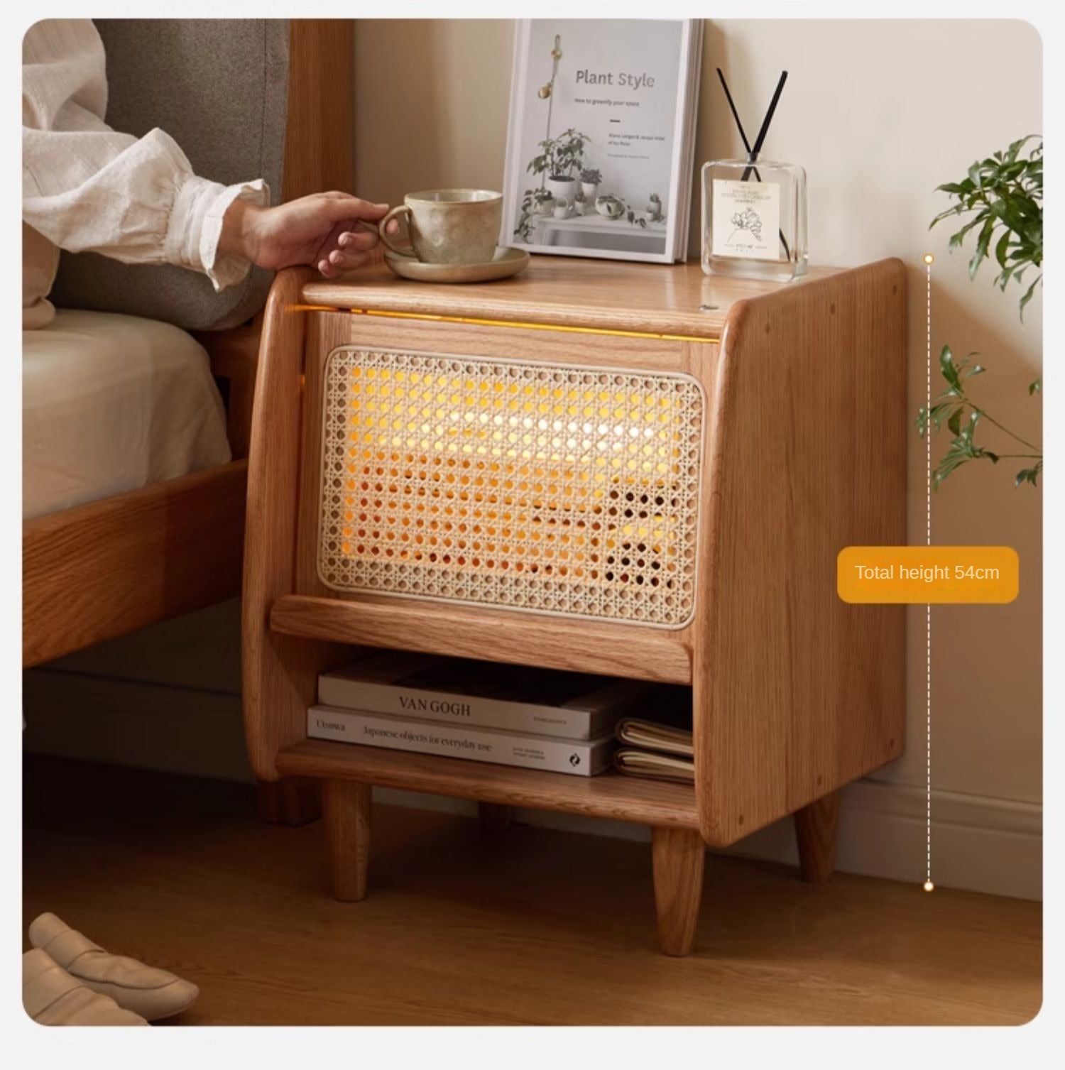 Solid Oak Wood Nightstand with Rattan Accents - Stylish Bedside Table for Bedroom Decor, Living Room, or Guest Room
