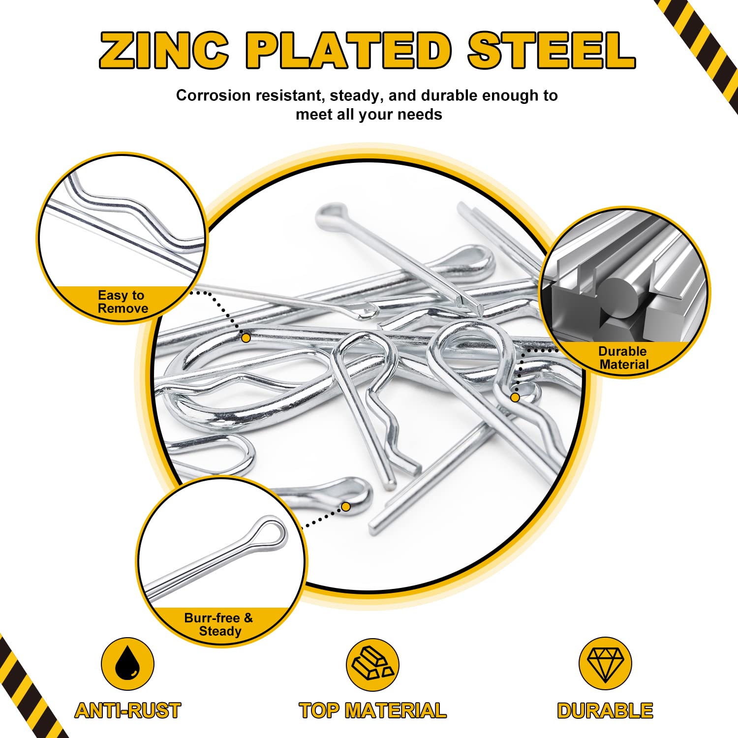 250Pcs Hairpin Cotter Pins Assortment Kit - Zinc Plated Steel R Clips & Cotter Keys for Hitch, Lawn Mower, Truck - Secure Fastening for Automotive, Machinery & DIY Projects
