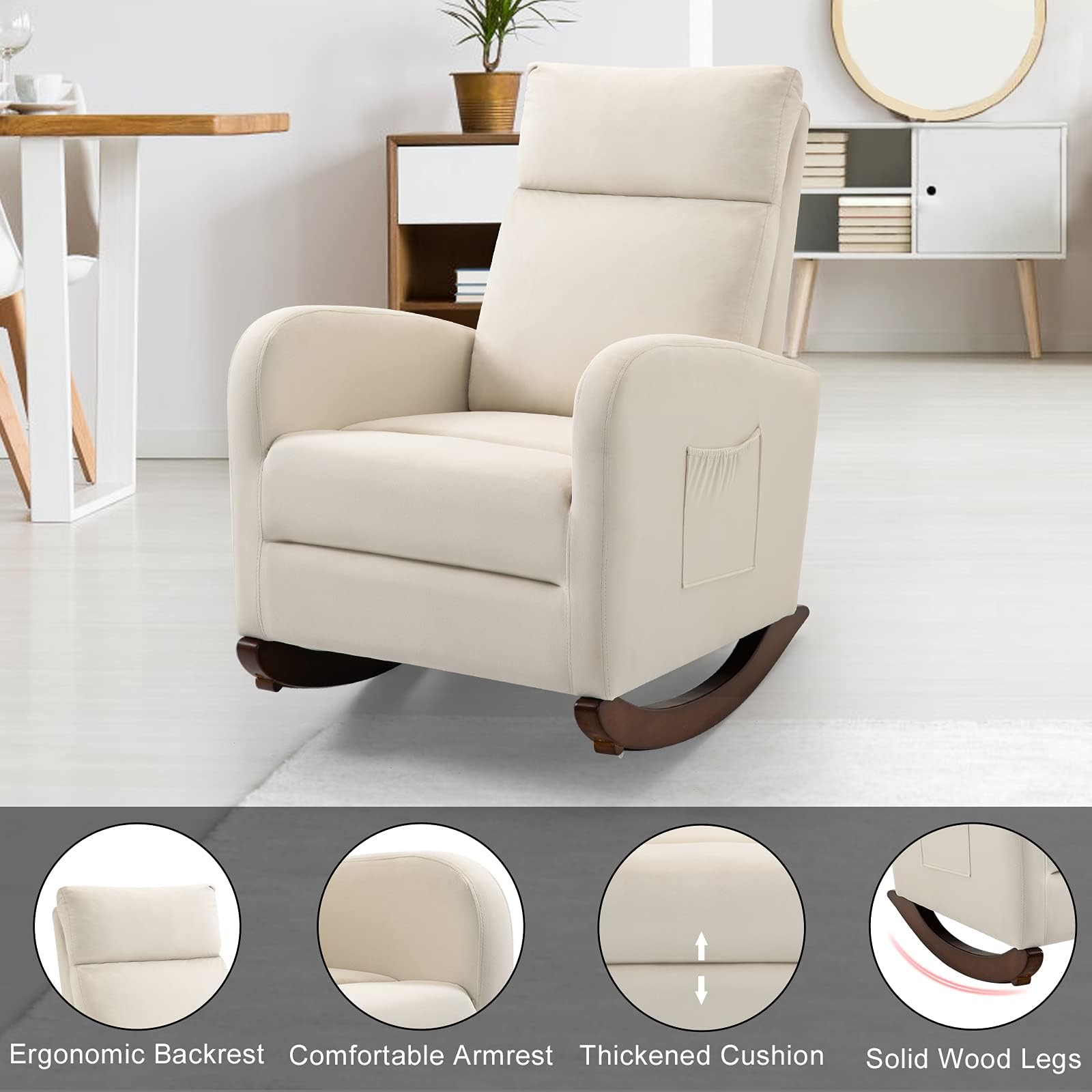 AVAWING Nursery Rocking Chair - Upholstered Glider Chair with Solid Wood Legs & Side Pockets - High Back Rocker for Living Room, Bedroom, Nursery (Beige) - Perfect for Breastfeeding, Reading & Relaxing