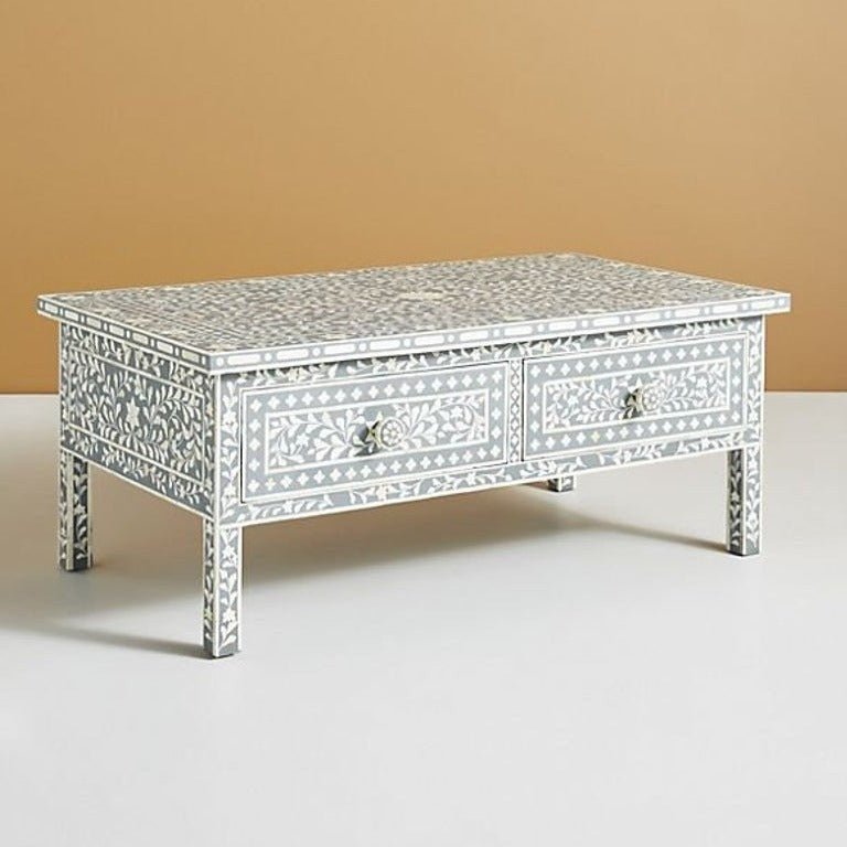 Handmade Bone Inlay Floral Design Coffee Table with Two Drawers - Grey Modern Side Table for Living Room, Bedroom & Office Decor