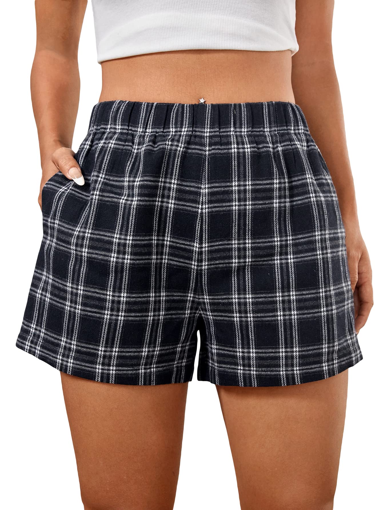 Stylish Women's Elastic Waist Plaid Lounge Shorts - Comfortable Sleepwear & Pajama Shorts for Summer, Home Relaxing, and Casual Outings