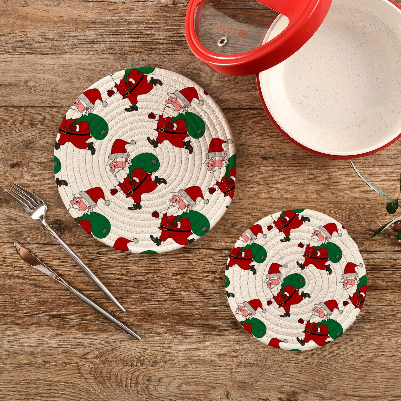 Christmas Santa Claus Pot Holders Set of 2 - Heat Resistant Round Cotton Kitchen Hot Pads for Cooking & Baking - Perfect Holiday Home Decor & Gift Idea