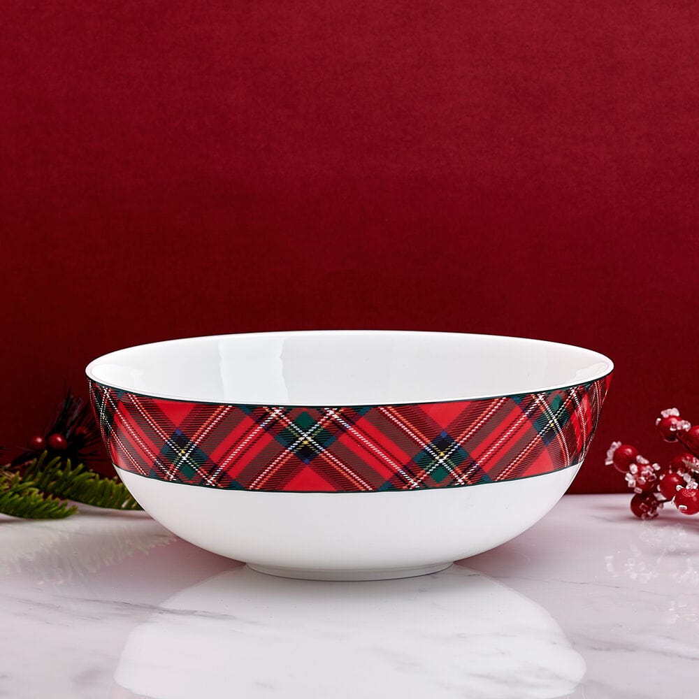 Tartan Red Serving Bowl - Elegant Ceramic Dish for Salads, Pasta, and Appetizers - Perfect for Dinner Parties and Holiday Gatherings