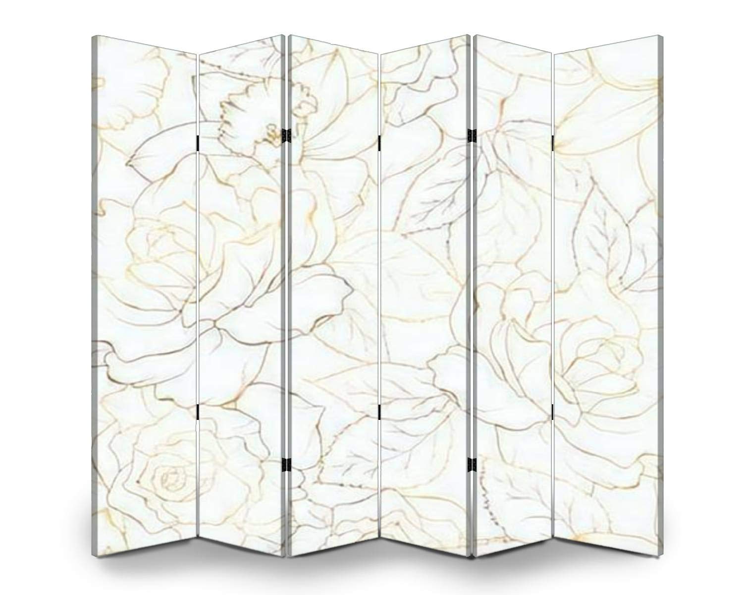 Floral Wood Screen Room Divider - 6-Panel Folding Privacy Partition with Rose, Peony & Daffodil Pattern | Dual-Sided Canvas Wall Divider for Home Office, Bedroom & Living Room
