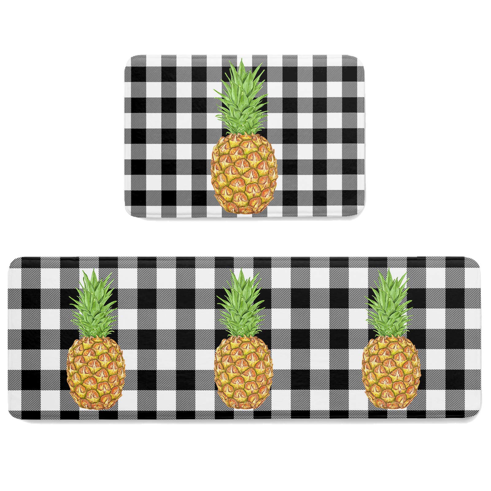 Non-Slip Pineapple Kitchen Rugs Set of 2 - 15.7x23.6in & 15.7x47.2in Rubber Backing Mats for Kitchen, Entryway, Bathroom - Tropical Fruit Black White Plaid Design for Home Decor