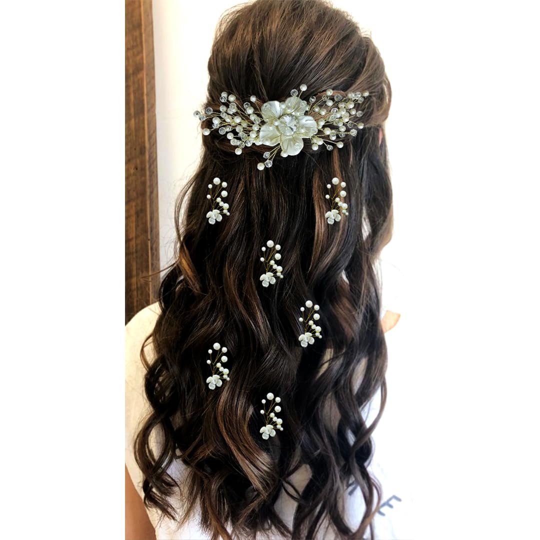 Ansh Elegant Floral Hair Clips with Big Stones & Pearls | Women's Metal Hair Pins & Juda Clips | Hair Accessories for Women & Girls (Set of 2371 & 2372) | Perfect for Weddings, Parties & Everyday Style